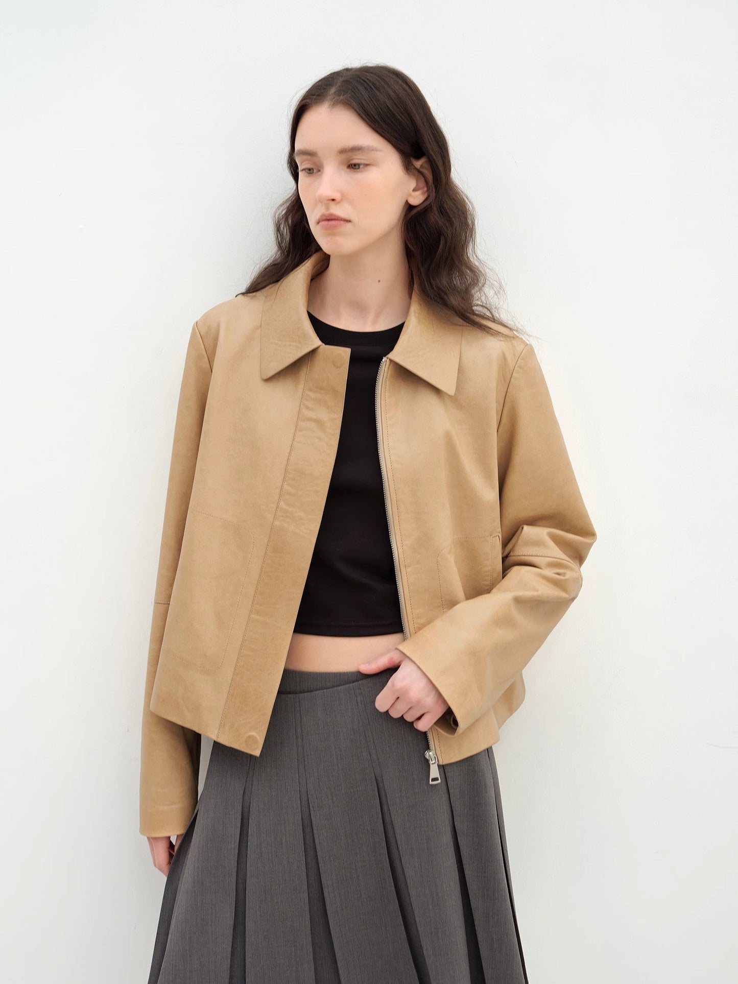 Two-Tone Wax Sheepskin Short Jacket Leather Coat Women