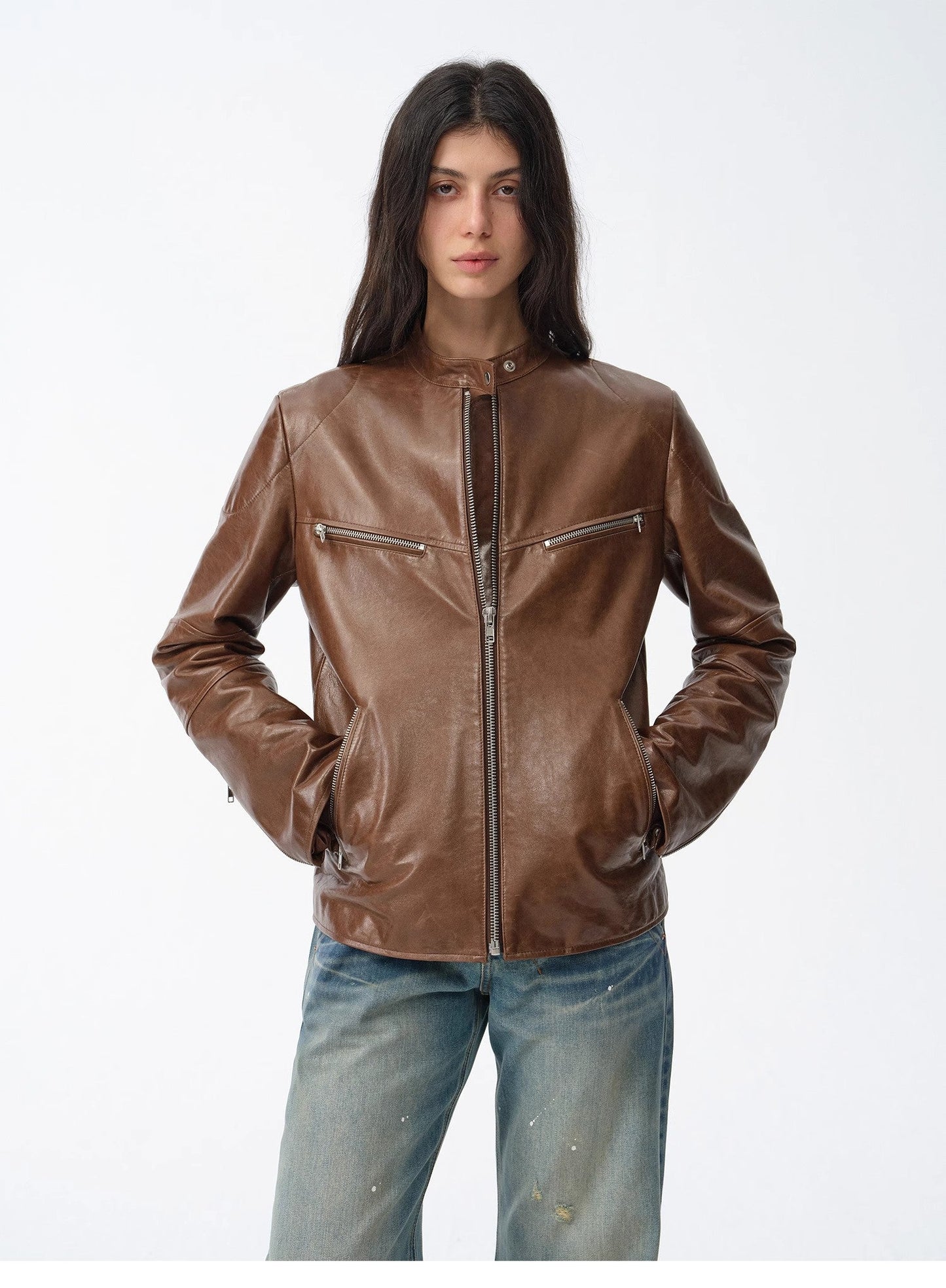 New Zealand Imported Waxed Sheepskin/Cowhide Vintage Motorcycle Leather Jacket