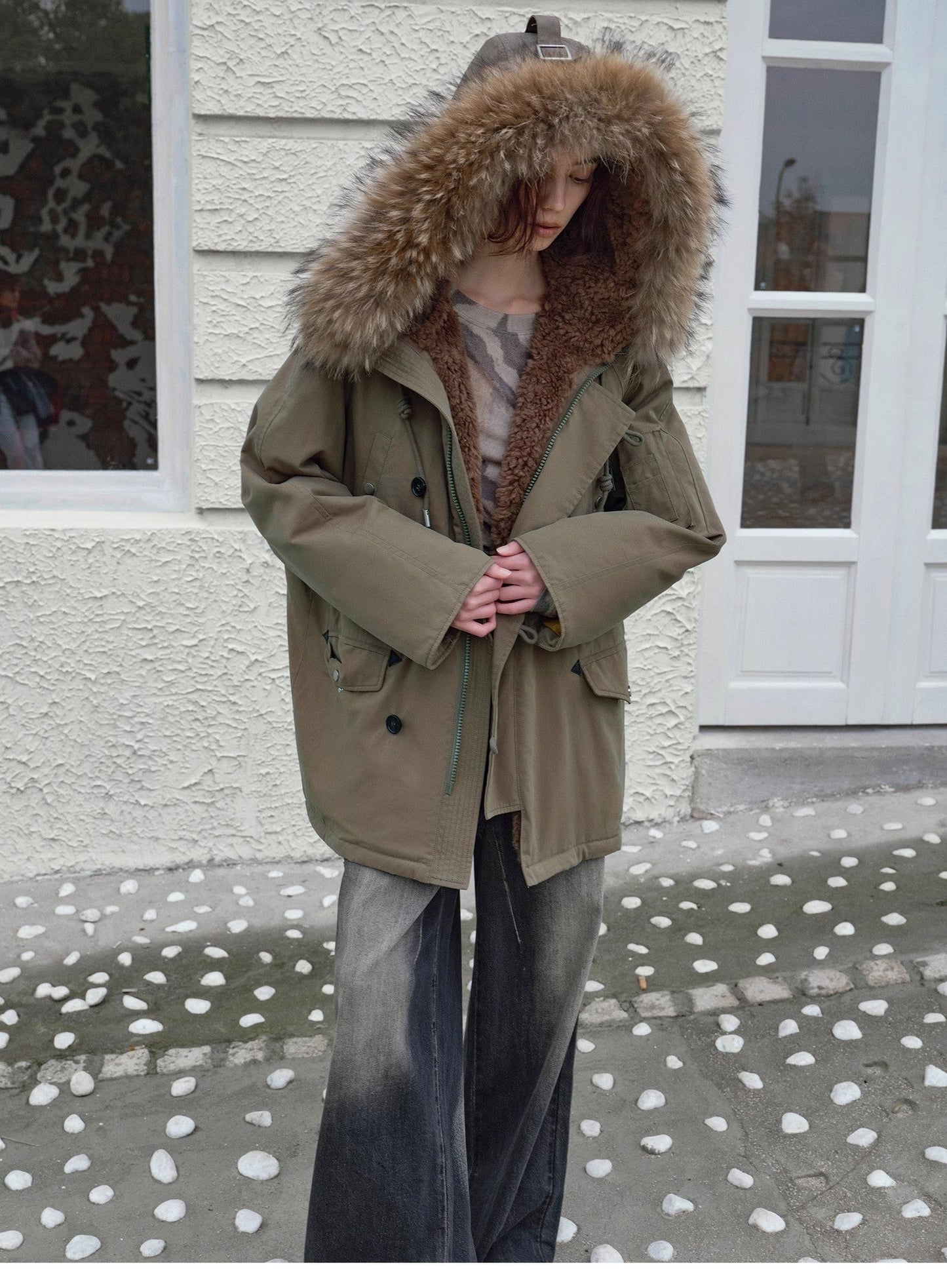 Fireladyfur Women's Shearling Lined Down Parka With Raccoon Fur Collar Hood"Coastal Highway II"