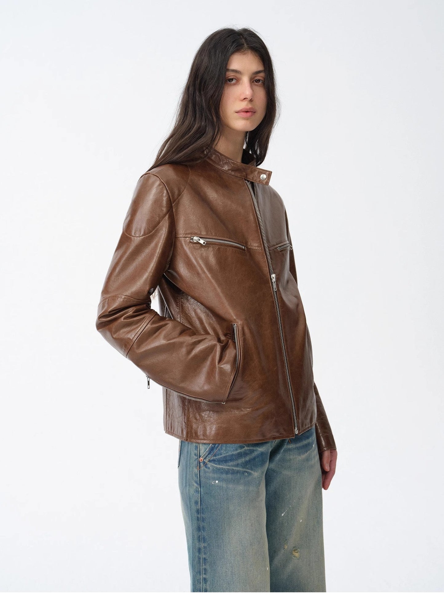 New Zealand Imported Waxed Sheepskin/Cowhide Vintage Motorcycle Leather Jacket