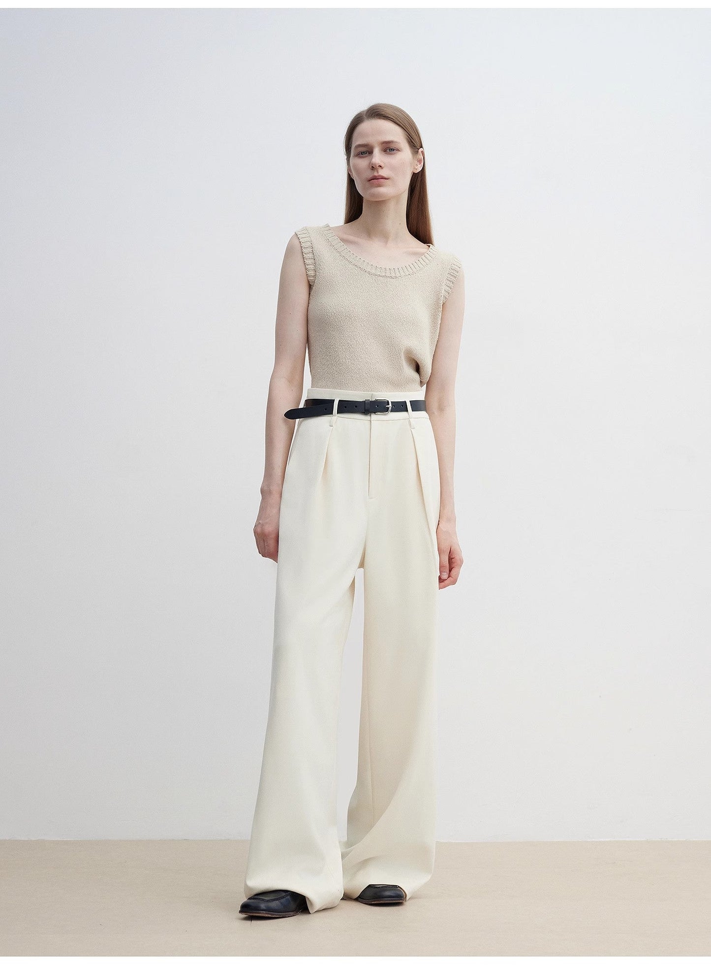 Women's White Straight Casual Wide Waist Drape Floor-Length Wide Leg Pants