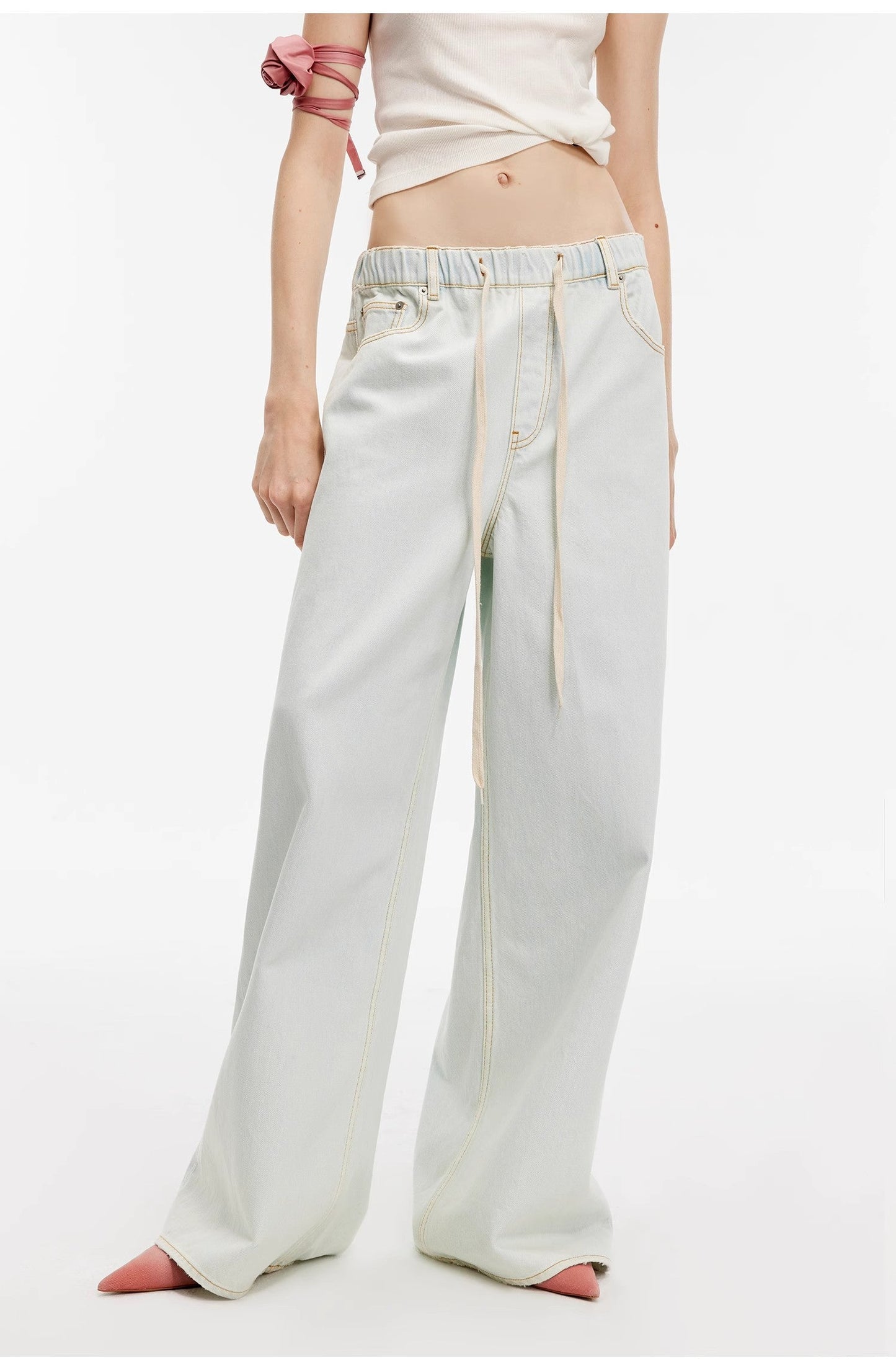 "Mint Whisper" Luxury Brand Same Version Turkish Imported Washed Sports Style Wide-Leg Jeans Spring and Summer