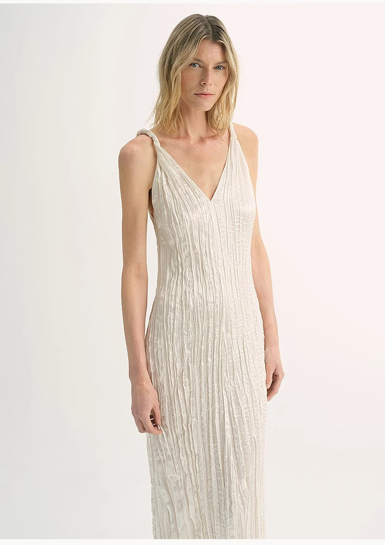 Three-Dimensional Wave Drape Pleated V-Neck Suspender Dress