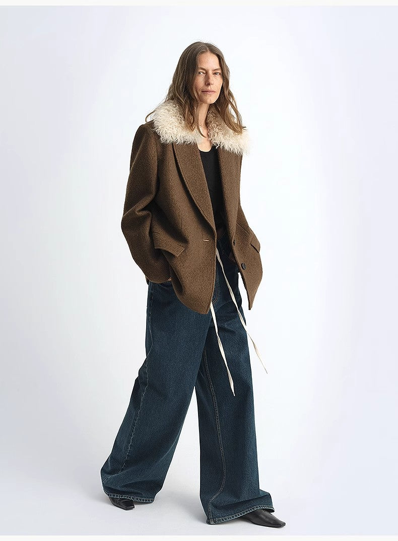 Fireladyfur Wool Tweed Coat With Detachable Fur Collar"Vertical Texture"