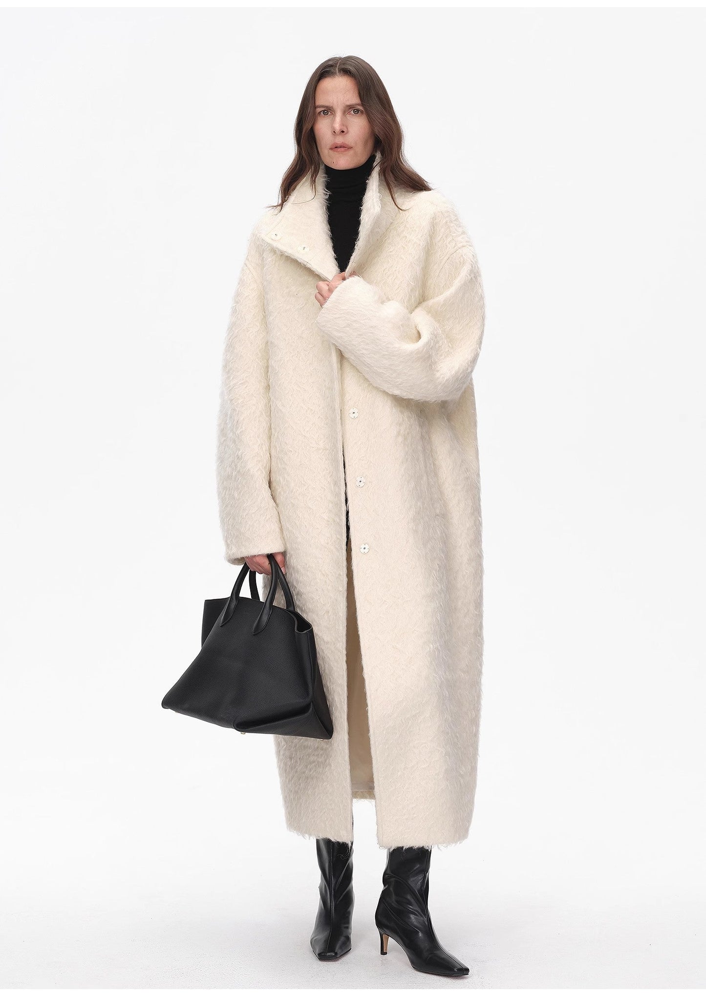 "Song of Snowland"Women's Mohair Wool Stand Collar Coat Autumn and Winter Loose Woolen Coat