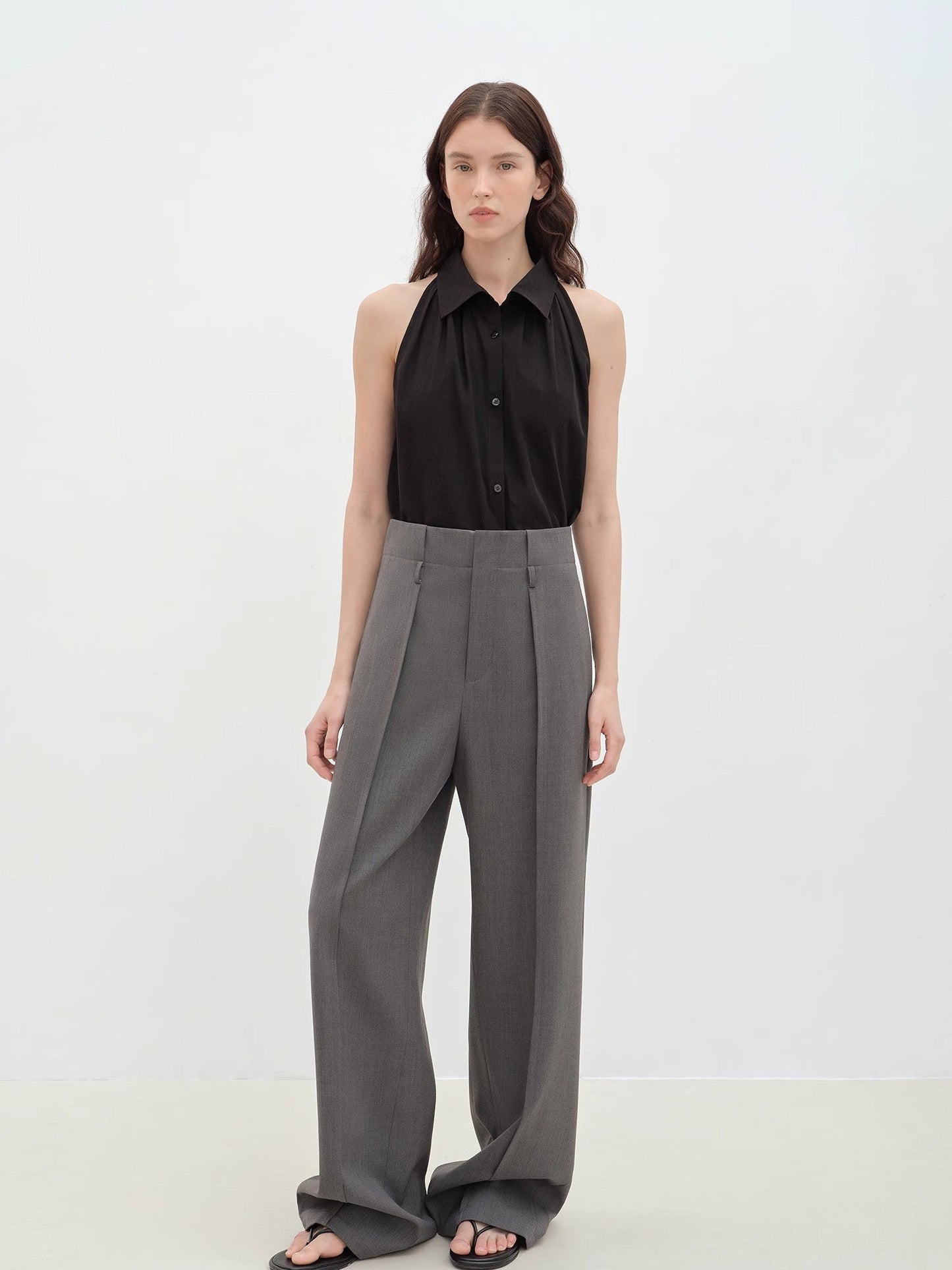 Pure Cotton Stand-Up Collar Sleeveless Striped Shirt Temperament Top for Women