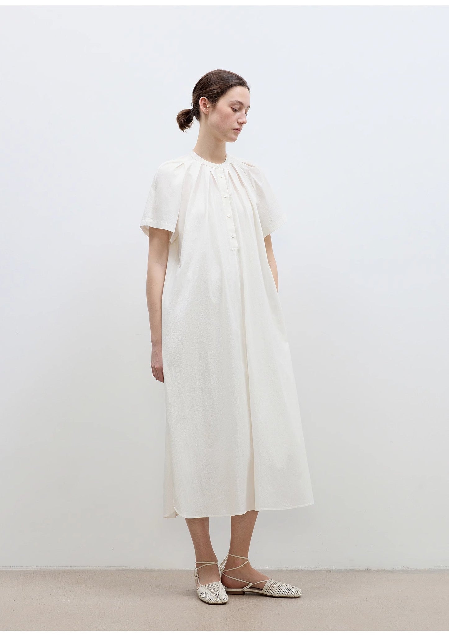 Cotton Stand Collar Pleated Short Sleeve Shirt Dress for Women