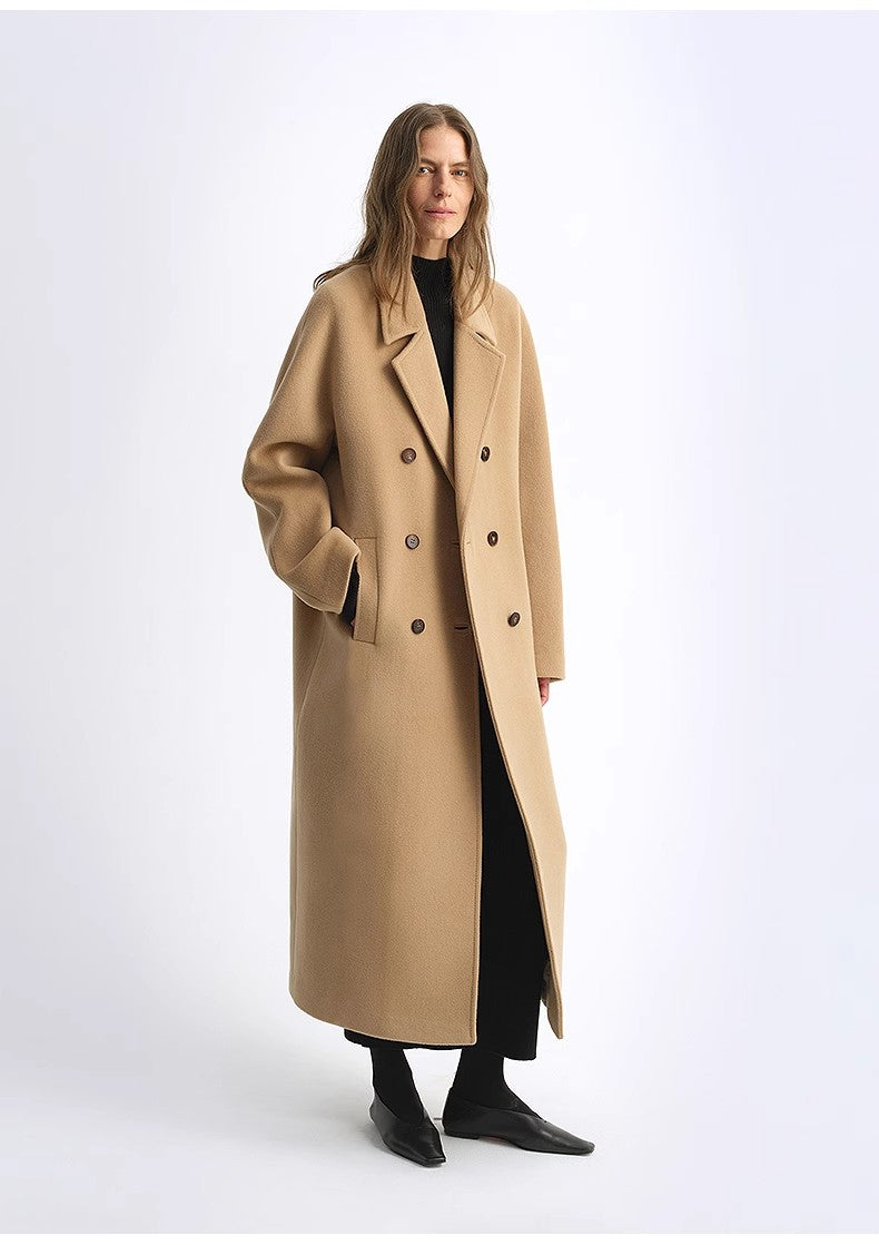 Sheep Wool Cashmere Blend Classic Tie Shoulder Sleeve Double-Breasted Coat