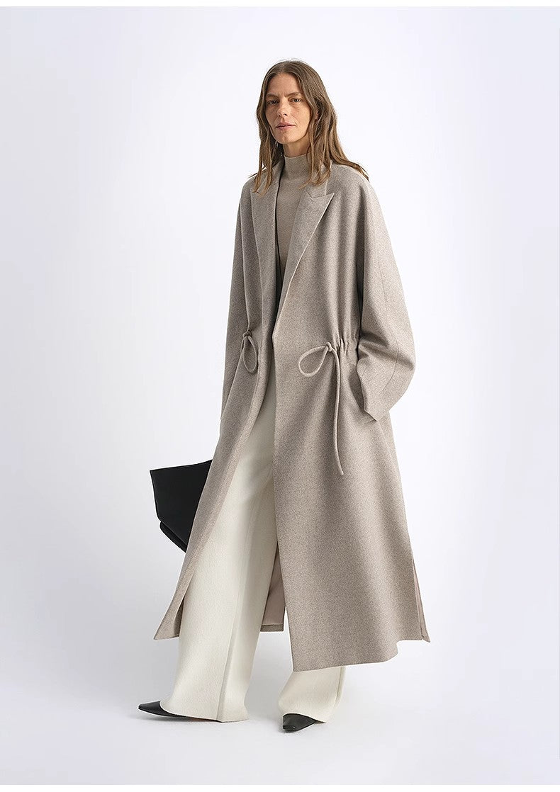 women's Original Color Wool Peaked Lapel Drawstring Mid-Length Wool Coat