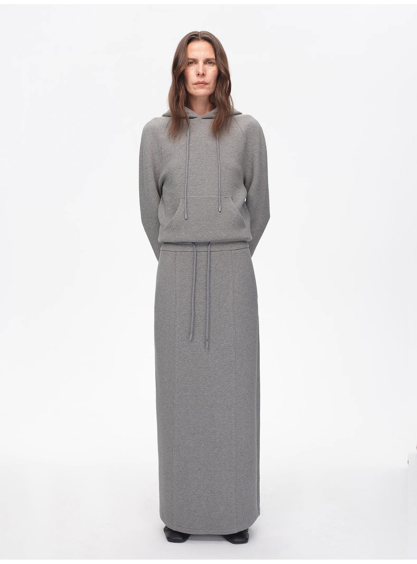 "Casual Life" Textured Cotton Loose Straight Hooded Short Sweatshirt