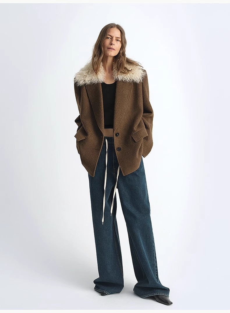 Fireladyfur Wool Tweed Coat With Detachable Fur Collar"Vertical Texture"