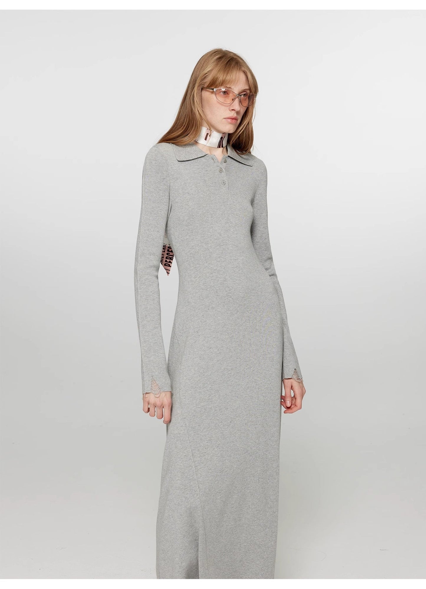 "Spring Muse" Merino Wool / Exquisite Polo Collar Waist-Cinching Knit A-Line Dress for Women