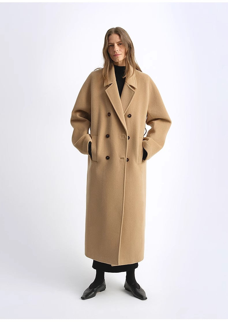Sheep Wool Cashmere Blend Classic Tie Shoulder Sleeve Double-Breasted Coat