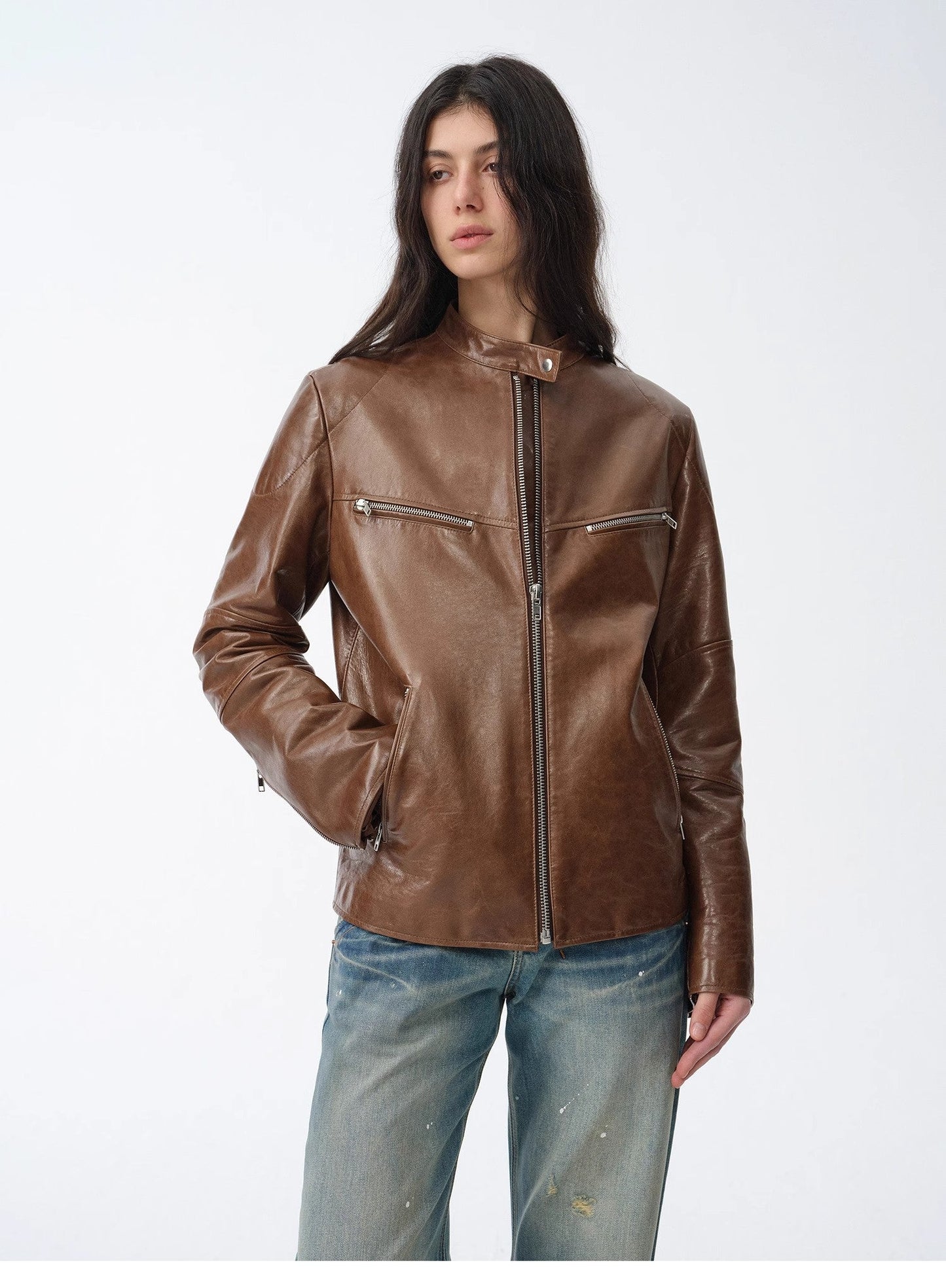 New Zealand Imported Waxed Sheepskin/Cowhide Vintage Motorcycle Leather Jacket