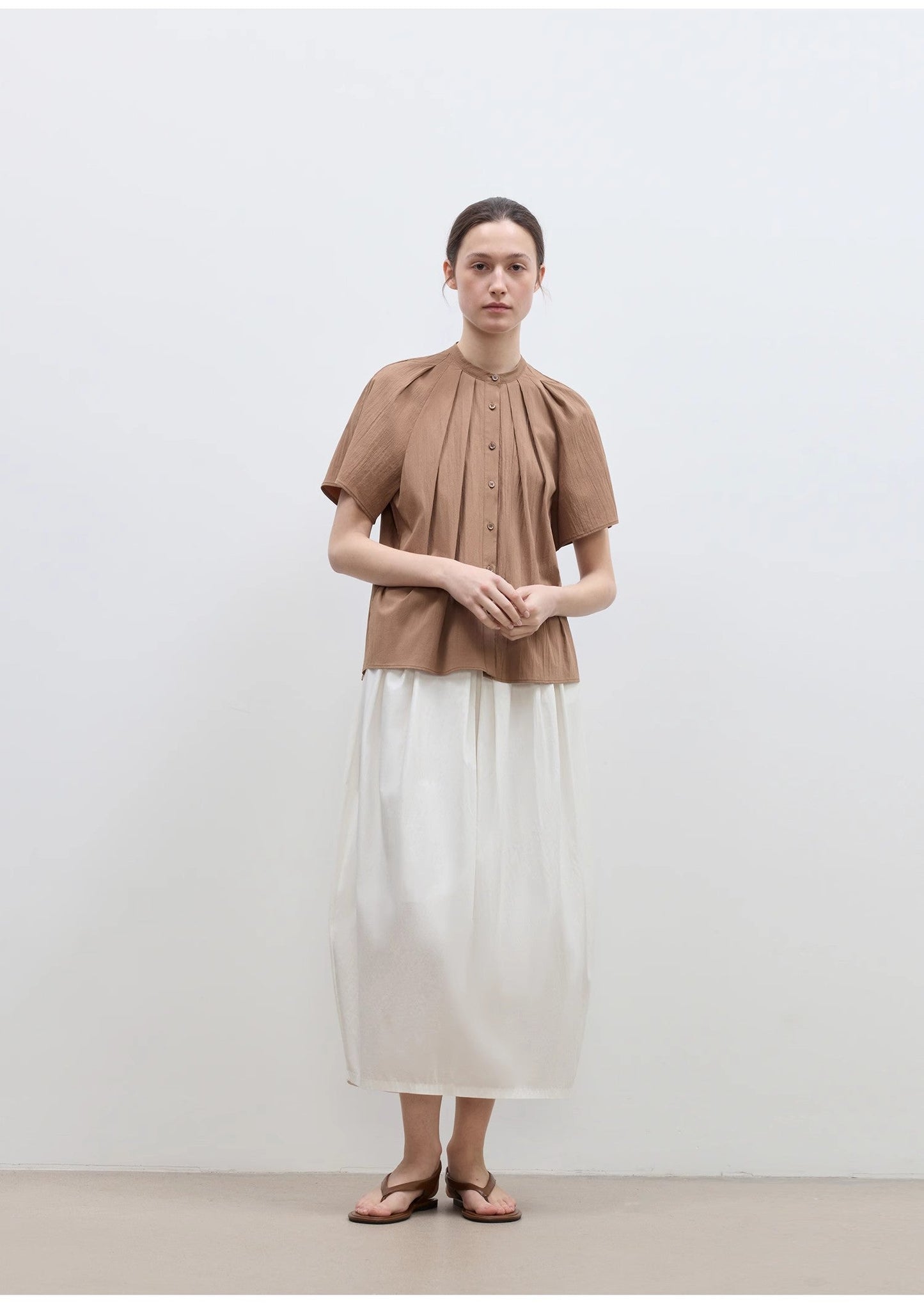 "Silent Island" Stand-Up Collar Pleated Short-Sleeved Shirt Women's Casual Top