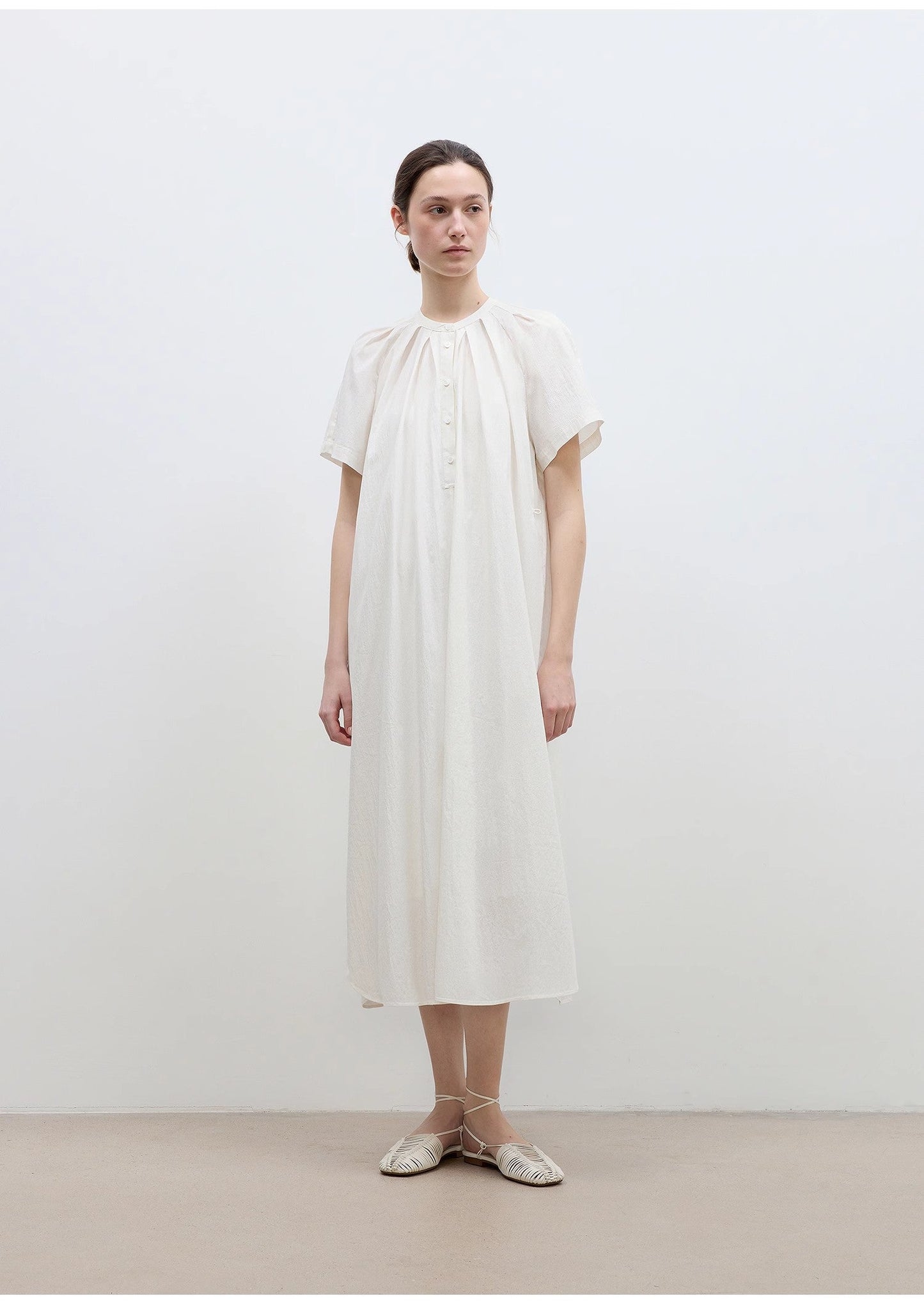 Cotton Stand Collar Pleated Short Sleeve Shirt Dress for Women