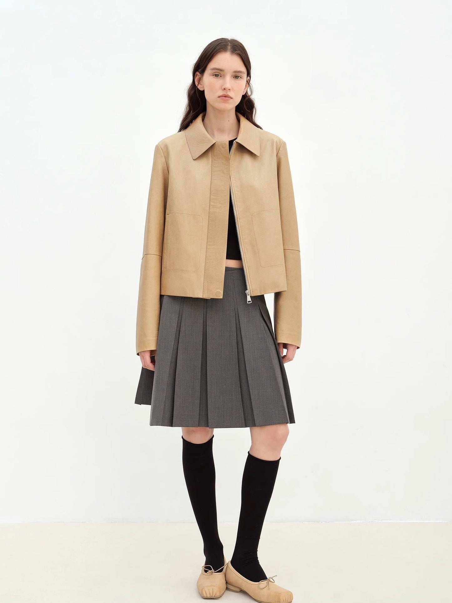 Two-Tone Wax Sheepskin Short Jacket Leather Coat Women