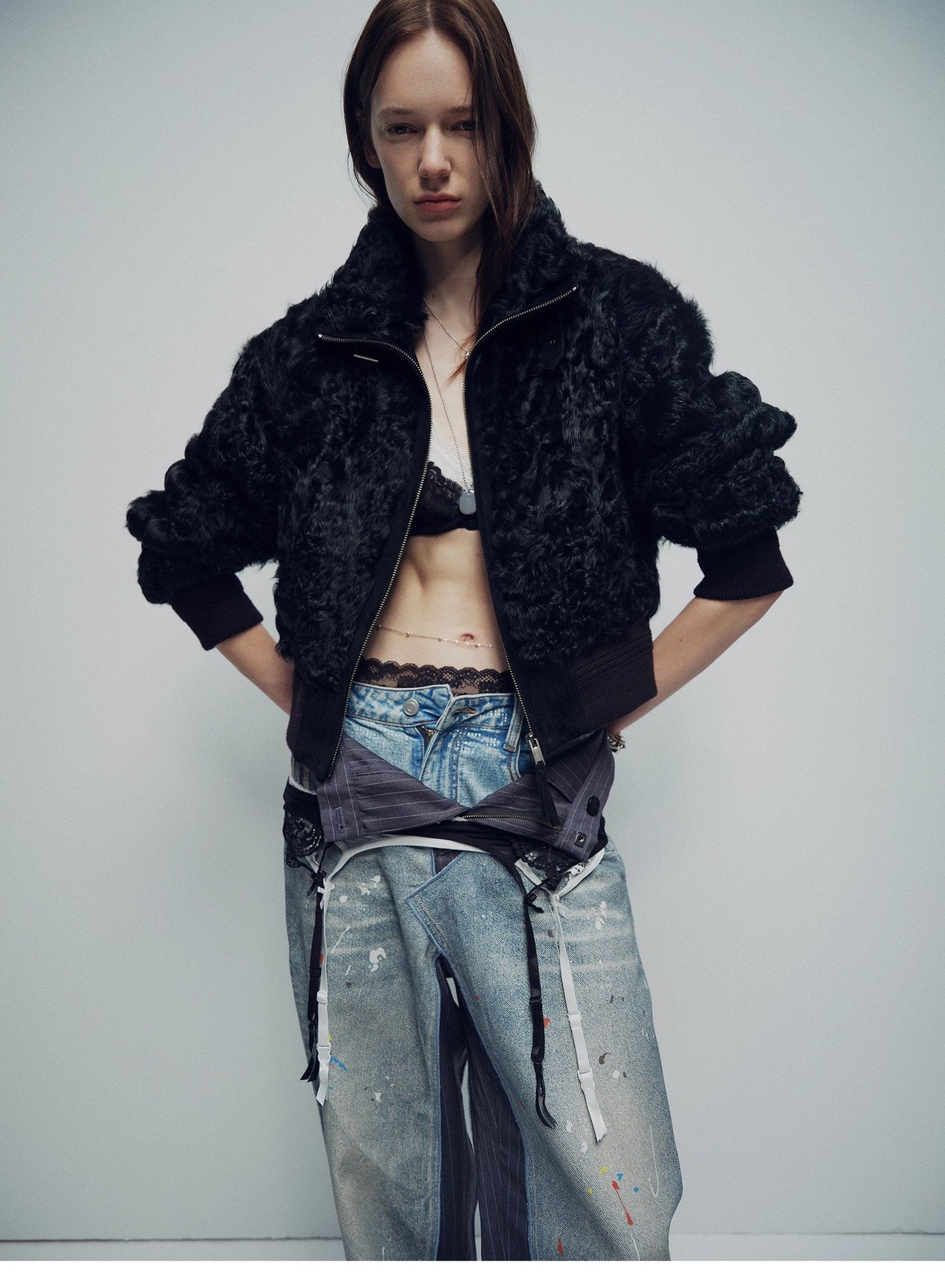 Casual Stand-Up Collar Jacket-Style Fluffy Sheep Curly Hair Fashionable Short  Bomber Coat"Curly Story"