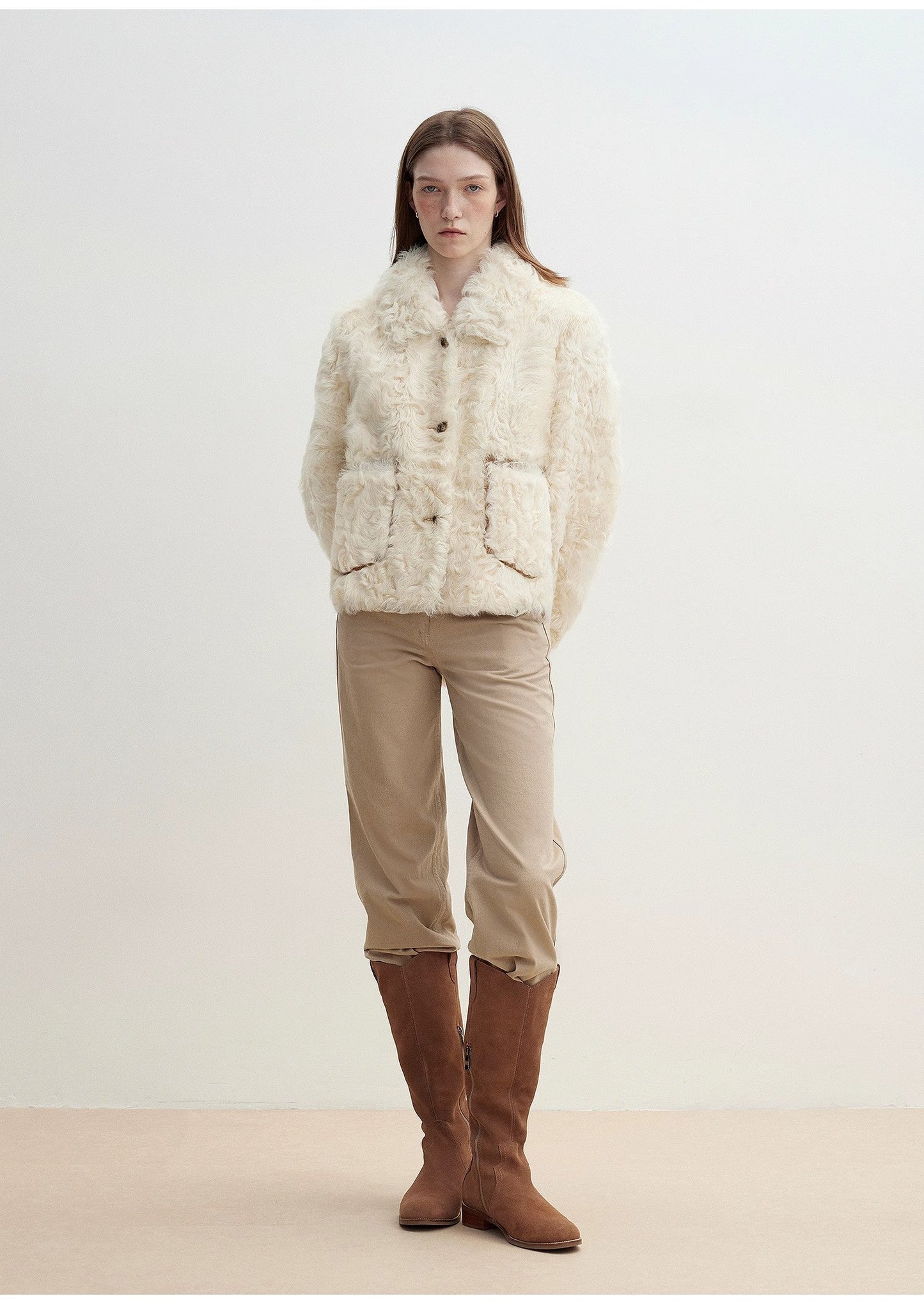 "Rachel" Frost-Smudged Two-Tone Sheepskin Lapel Coat