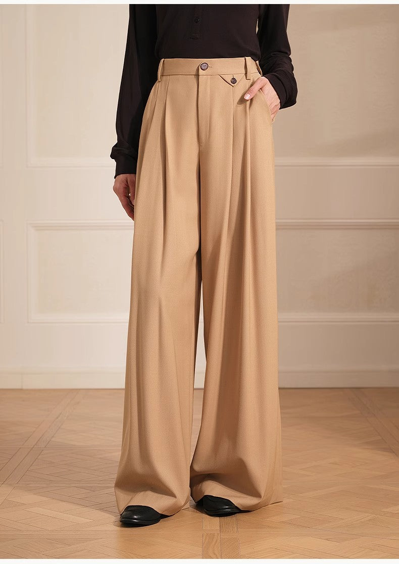Merino Wool Blended Double Pleated Wide-Leg Pants