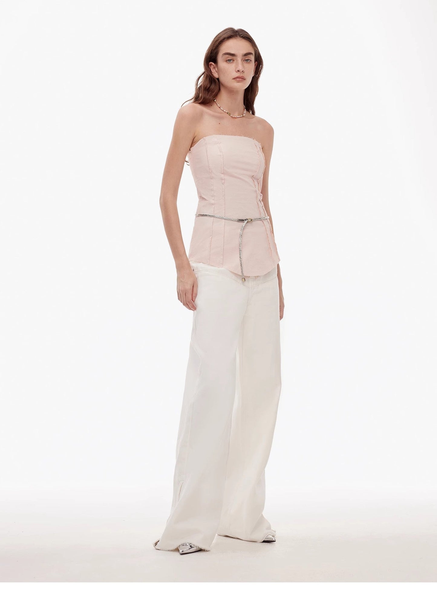 Vintage Style Curved Split Design Wide-Leg Micro-Lapel Mid-Low Waist Denim Pants