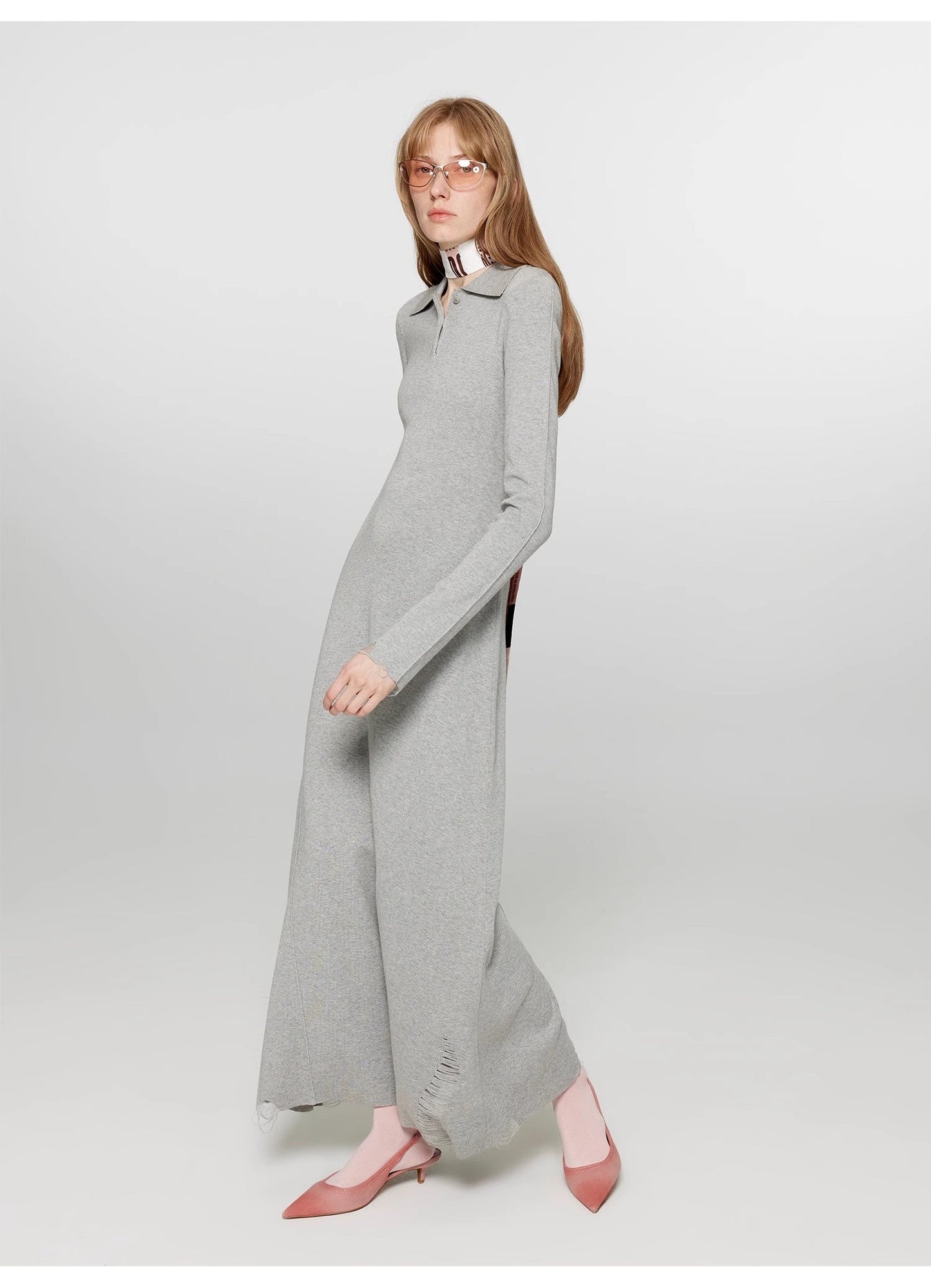 "Spring Muse" Merino Wool / Exquisite Polo Collar Waist-Cinching Knit A-Line Dress for Women