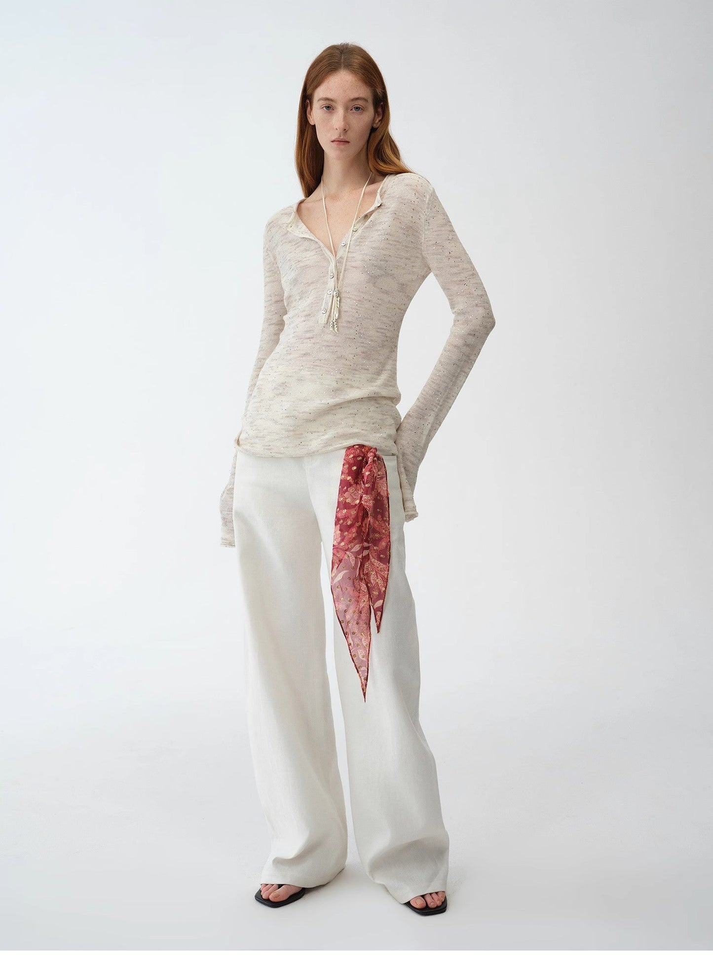 Cotton and Linen Beaded Fancy Yarn Waisted Bell Sleeves Round Neck Knitted Top