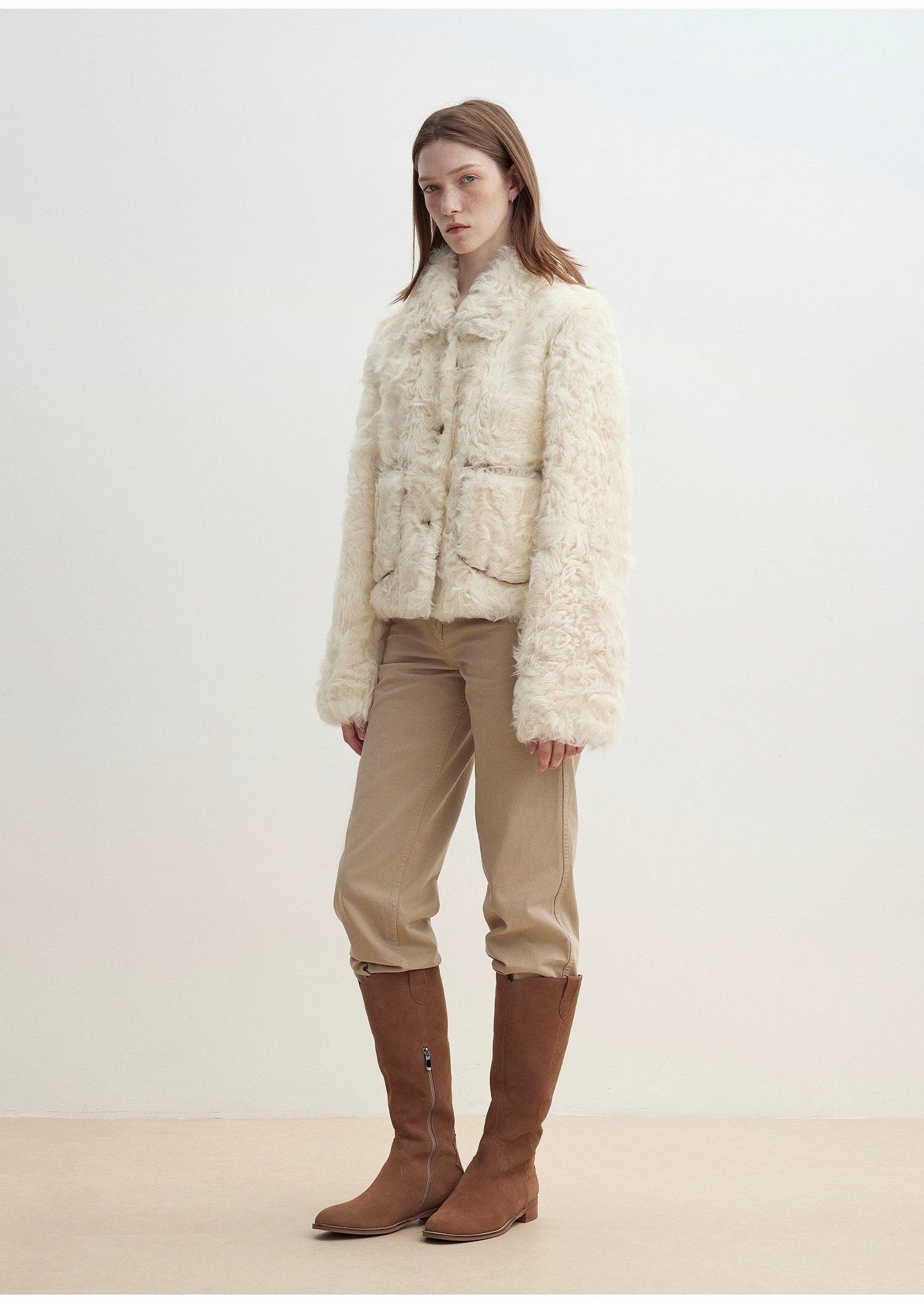 "Rachel" Frost-Smudged Two-Tone Sheepskin Lapel Coat