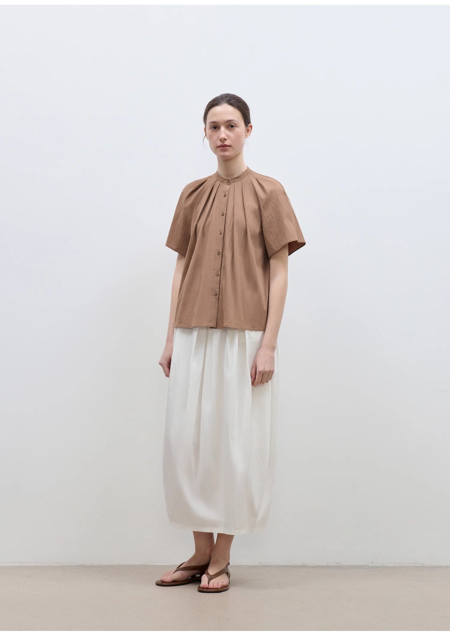 "Silent Island" Stand-Up Collar Pleated Short-Sleeved Shirt Women's Casual Top