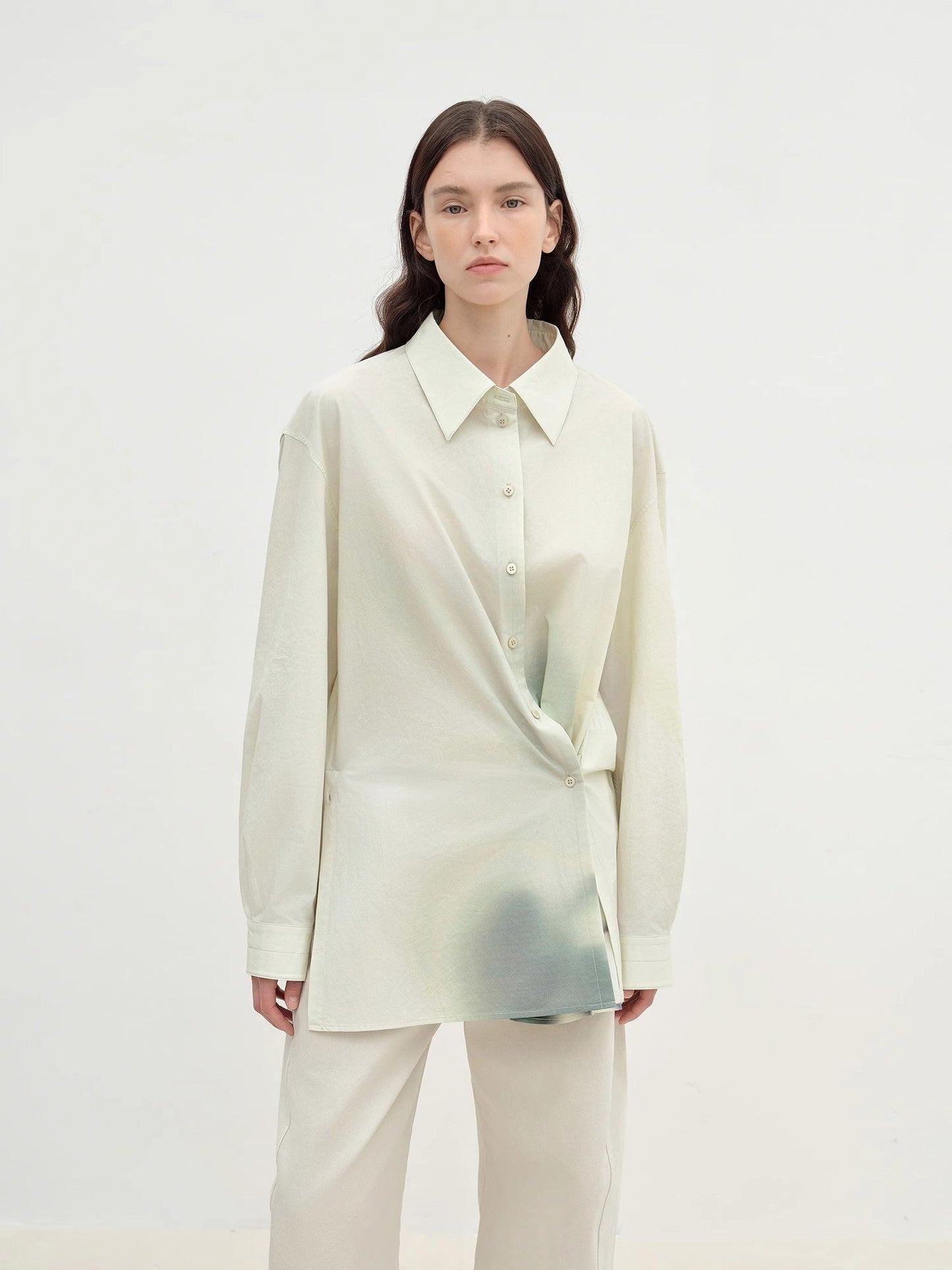 "Green Time" Lapel Side Slit Two-Wear Cotton Printed Shirt