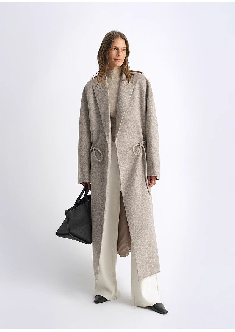 women's Original Color Wool Peaked Lapel Drawstring Mid-Length Wool Coat