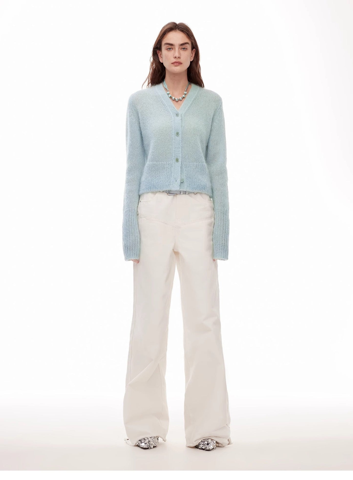 Vintage Style Curved Split Design Wide-Leg Micro-Lapel Mid-Low Waist Denim Pants