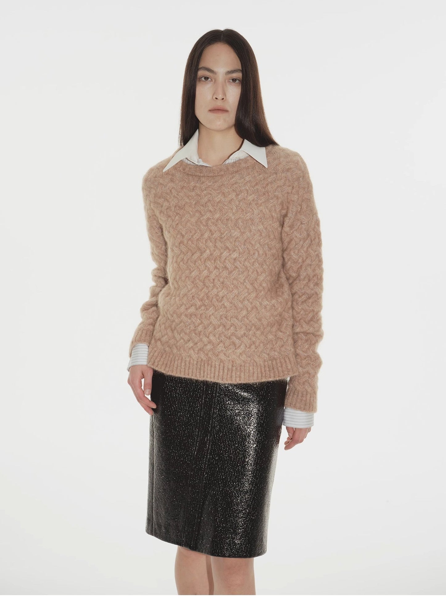 Classic Mohair Pullover Sweater w/ Textured Knit and Warmth-Enhancing Round Neck