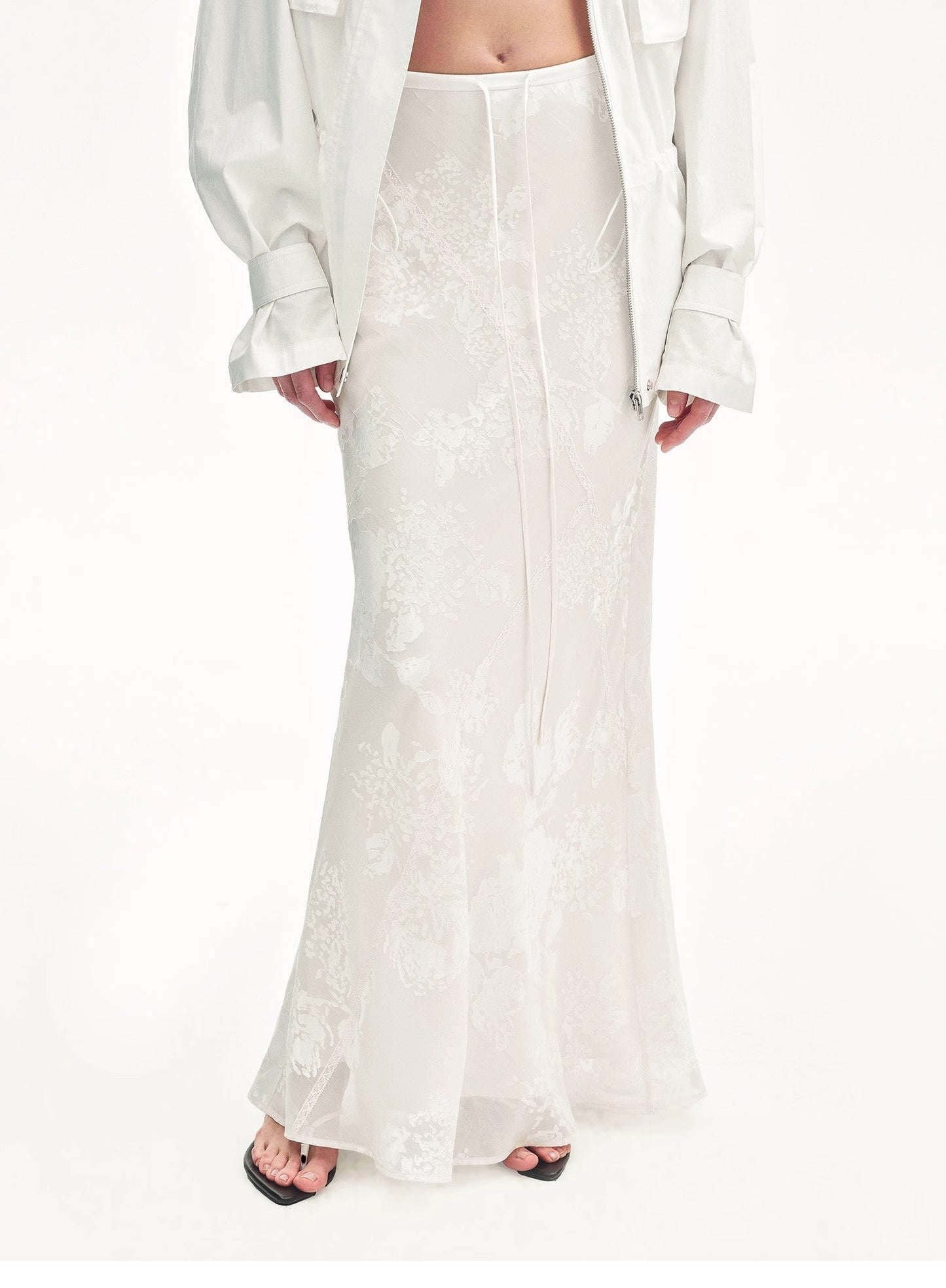 Bias-Cut Fishtail Midi Skirt in Burnt Pattern Material