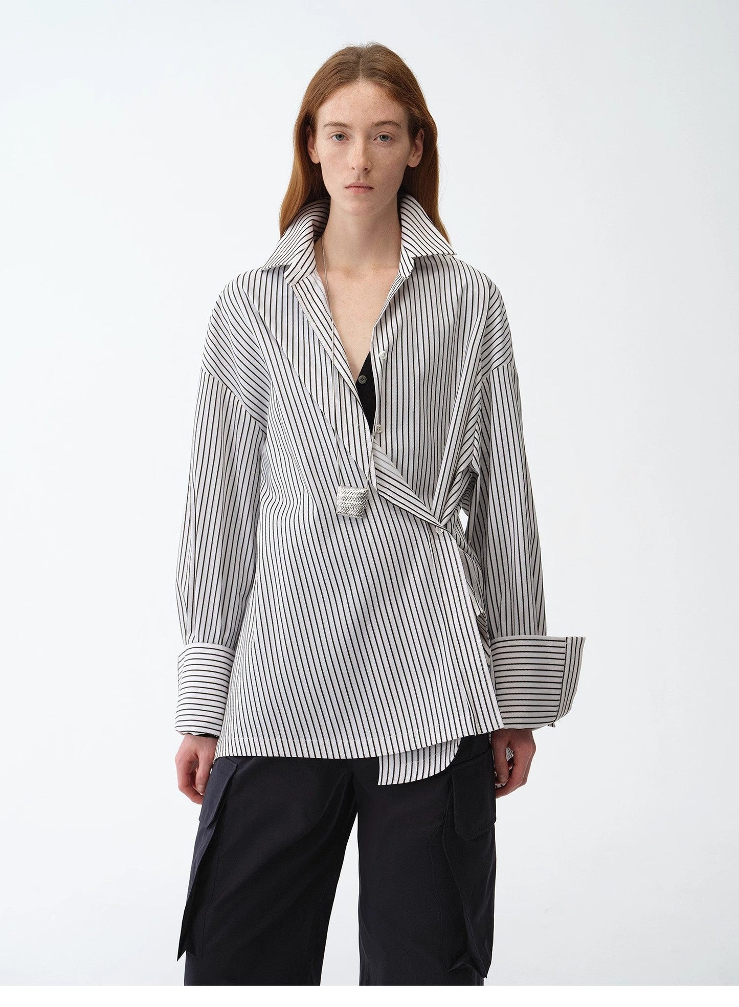 Casual Asymmetric Slanted Front Two-Wear Striped Long Sleeve Shirt