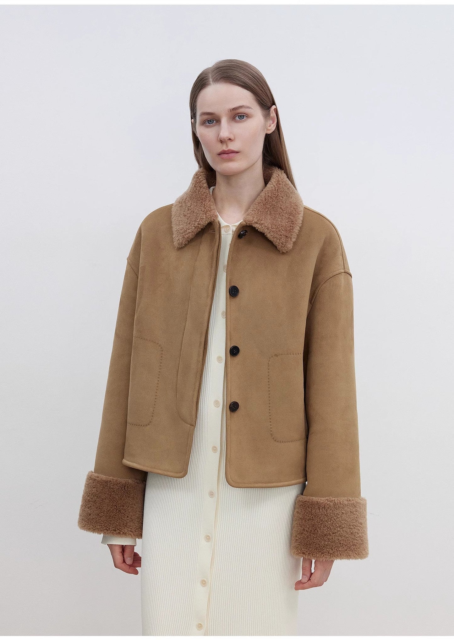 Fireladyfur Women's Casual Shearling Jacket With Furry Lapel"Slightly Sweet Latte"