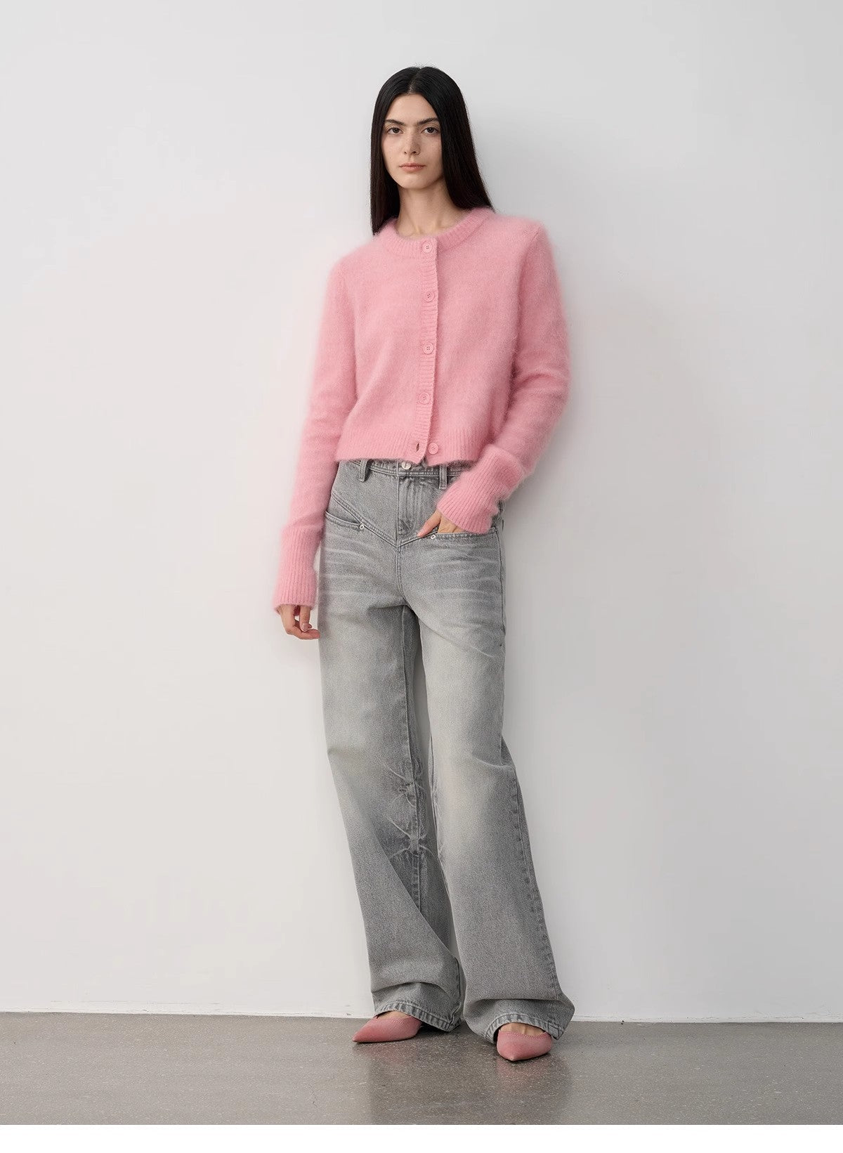 Vintage Heavy Wash Distressed Marble Pattern V-Shaped Segmented Slimming Textured Straight-Leg Denim Trousers