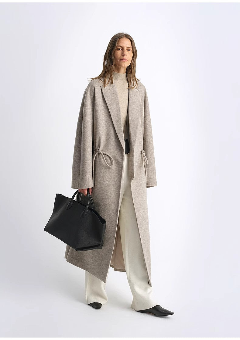 women's Original Color Wool Peaked Lapel Drawstring Mid-Length Wool Coat