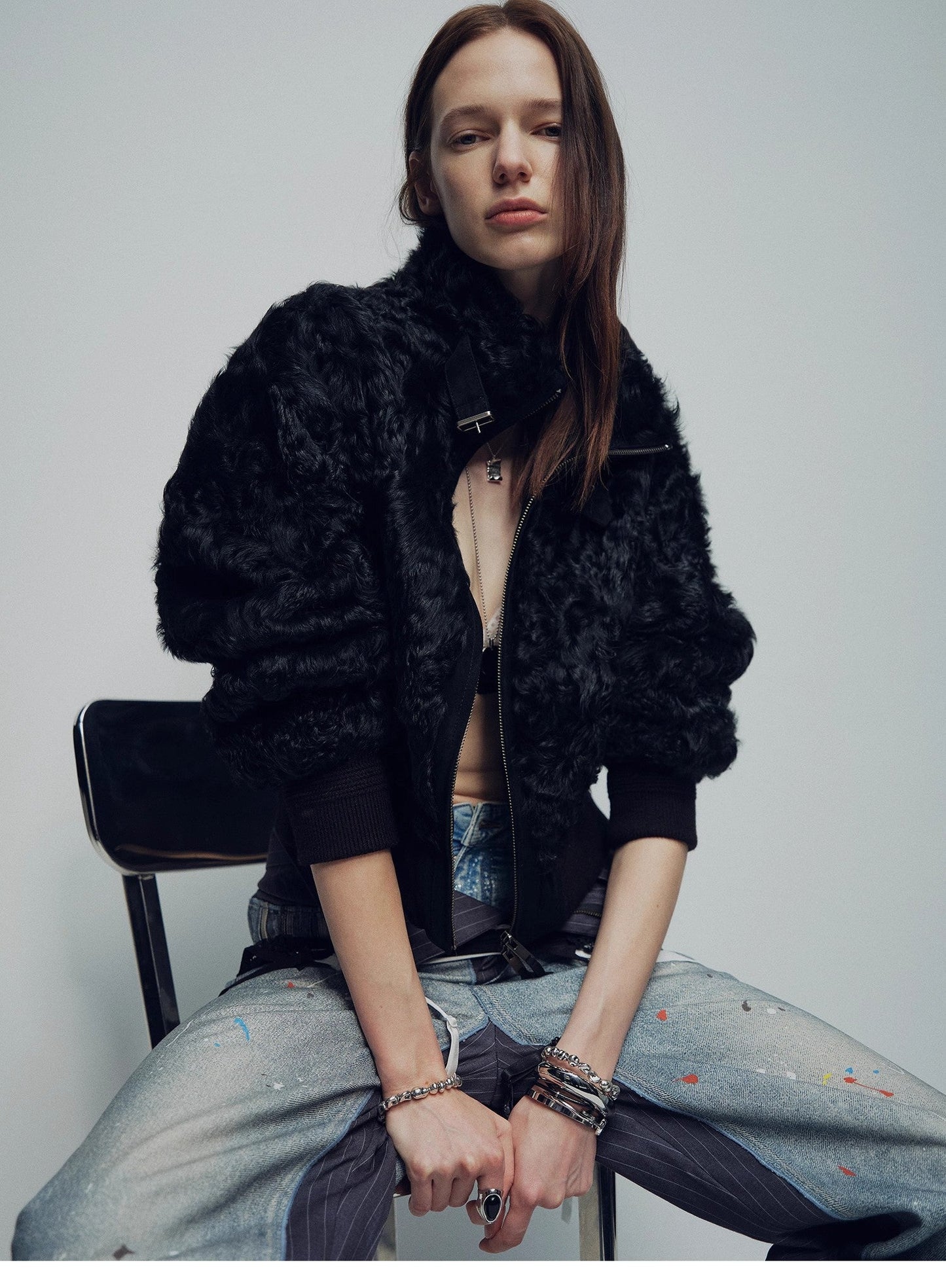 Casual Stand-Up Collar Jacket-Style Fluffy Sheep Curly Hair Fashionable Short  Bomber Coat"Curly Story"