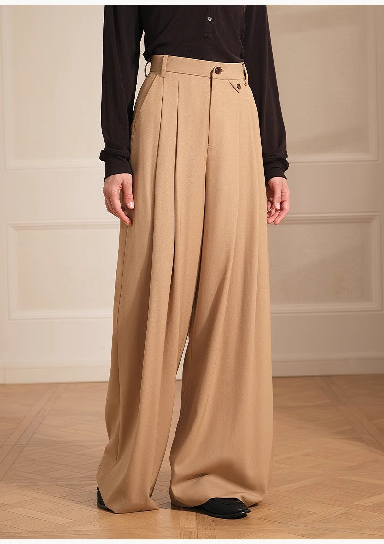 Merino Wool Blended Double Pleated Wide-Leg Pants