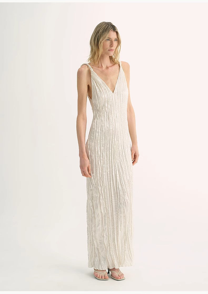 Three-Dimensional Wave Drape Pleated V-Neck Suspender Dress