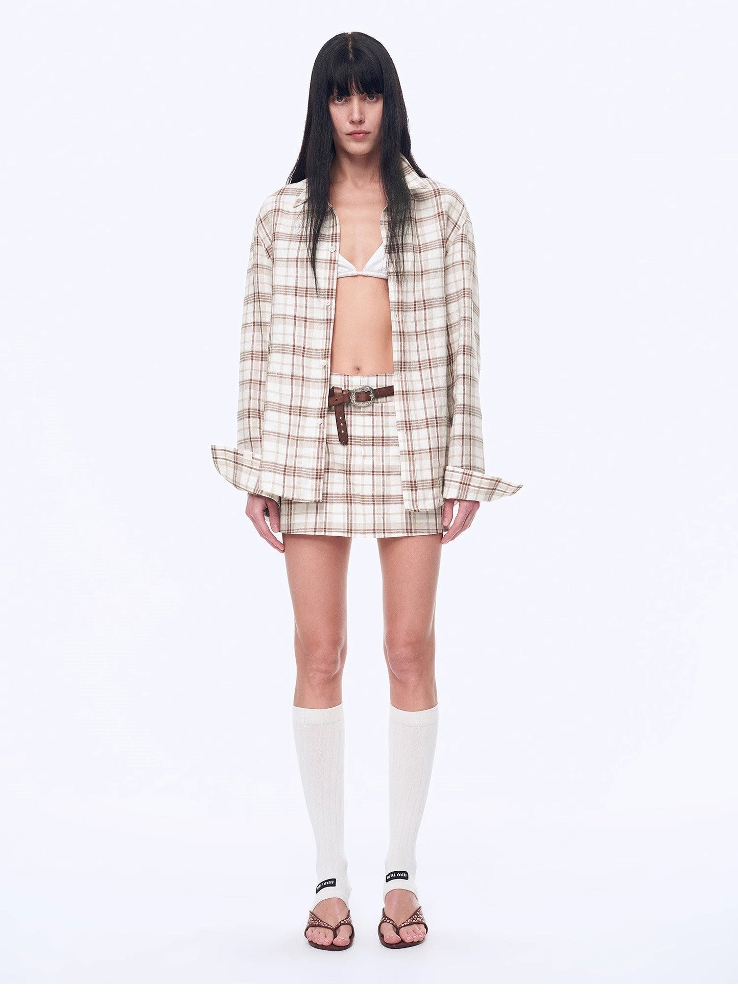 "Plaid Sketch" Vintage Linen Shirt Skirt Two-Piece Spring