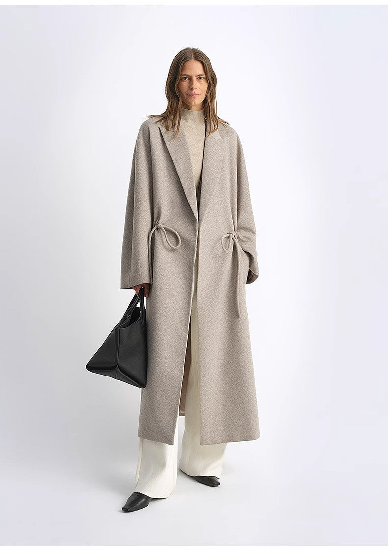 women's Original Color Wool Peaked Lapel Drawstring Mid-Length Wool Coat