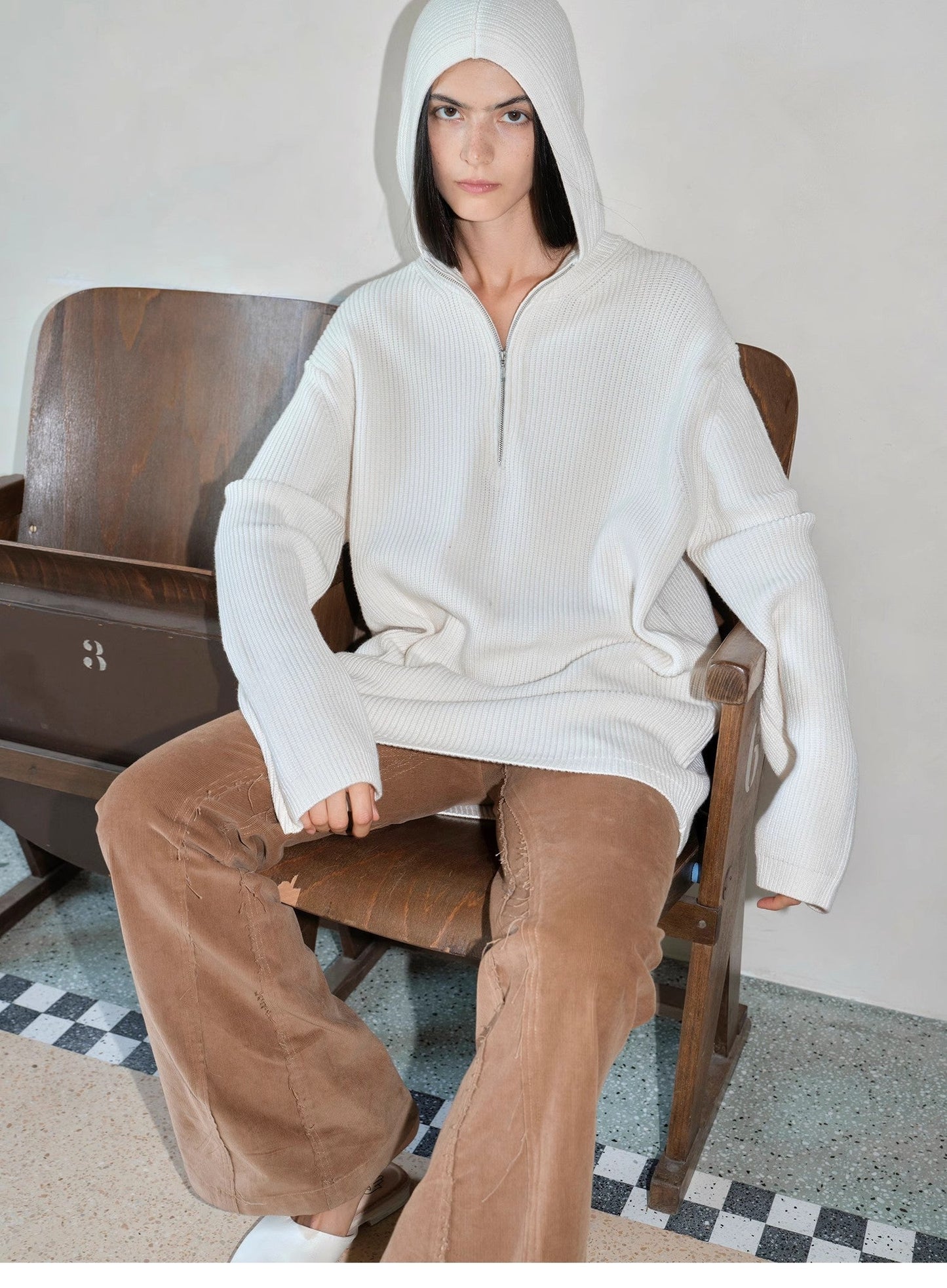 "Autumn Ticket" Simple and Versatile Zhongding 30s Wool Blend Hoodie Zipper Round Neck Sweater