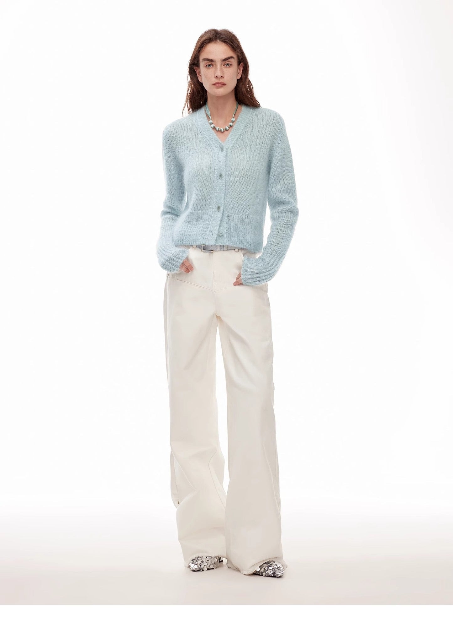 Vintage Style Curved Split Design Wide-Leg Micro-Lapel Mid-Low Waist Denim Pants