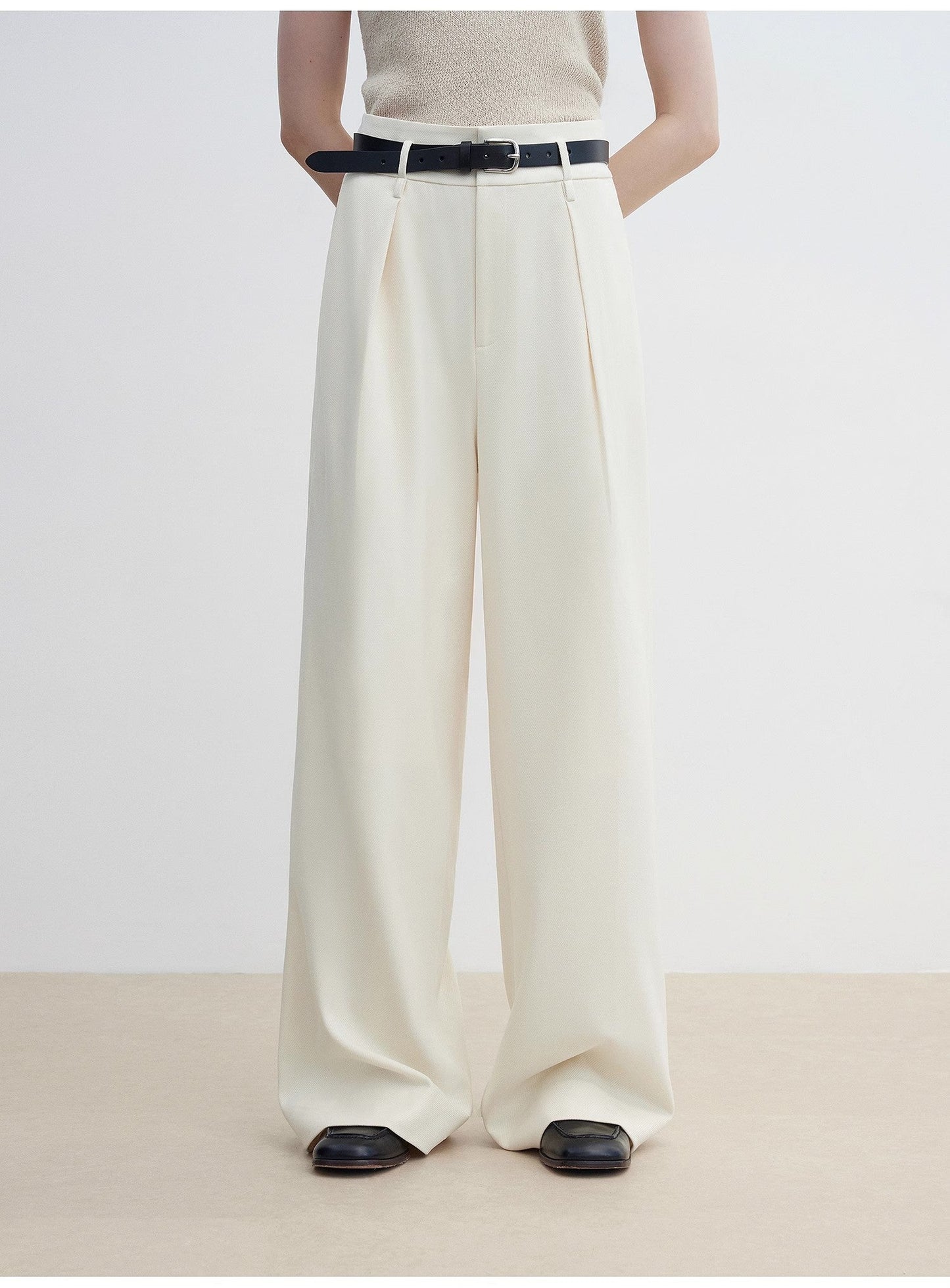 Women's White Straight Casual Wide Waist Drape Floor-Length Wide Leg Pants