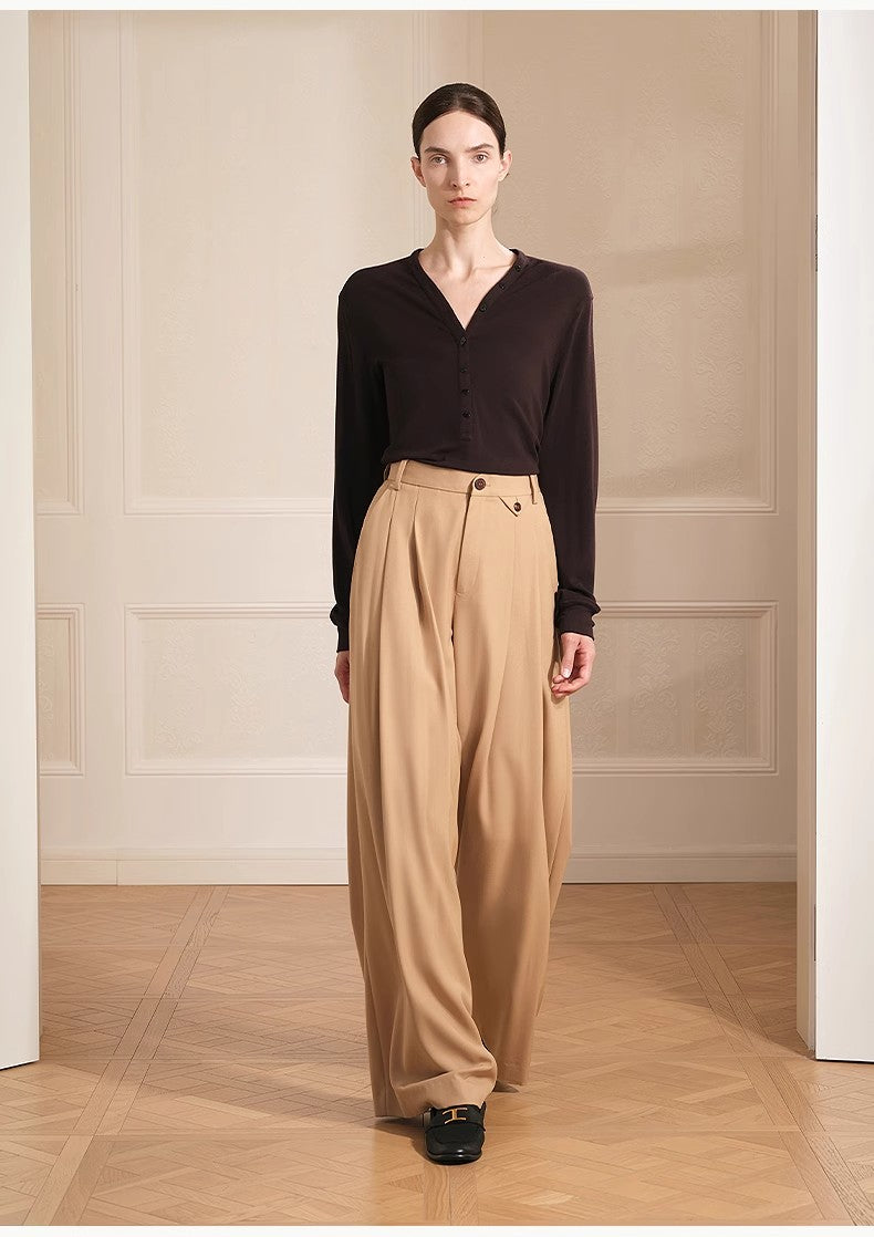 Merino Wool Blended Double Pleated Wide-Leg Pants