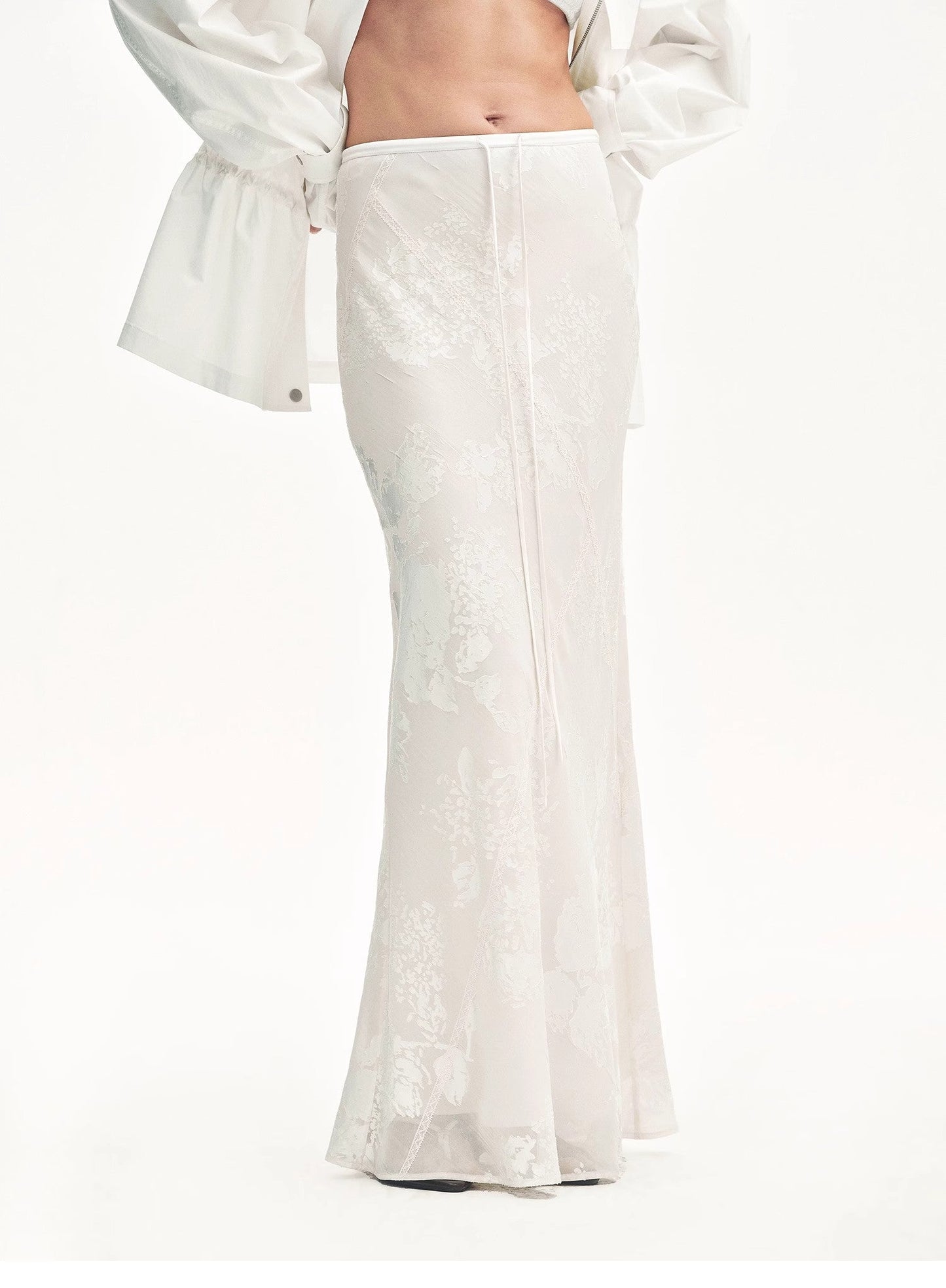 Bias-Cut Fishtail Midi Skirt in Burnt Pattern Material