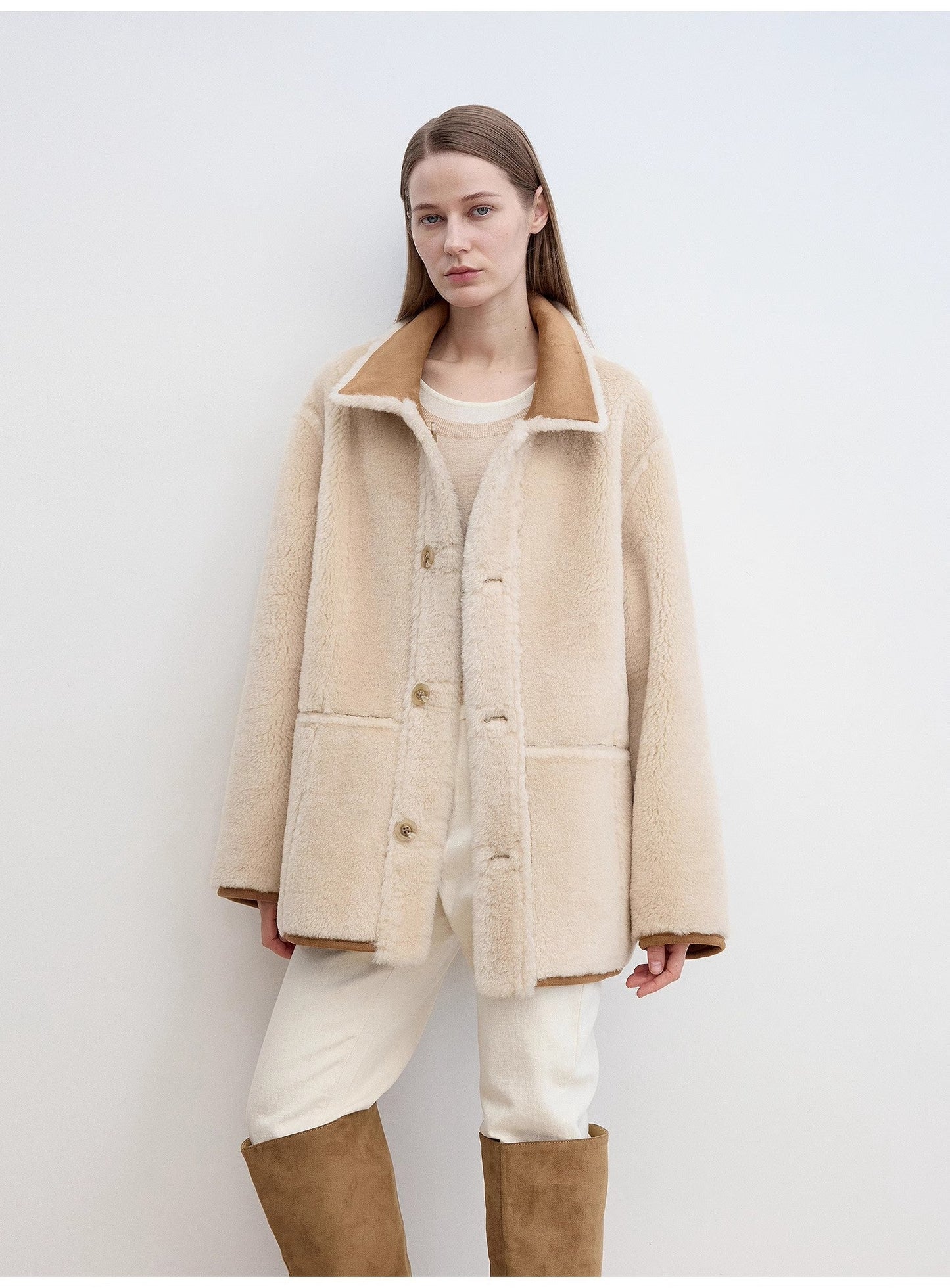 Women's Reversible Sheepskin-Look Jacket With Wool & Suede“Vintage Manor”