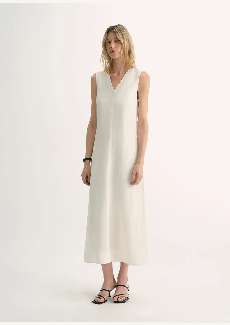 Linen Textured Anti-Wrinkle V-Neck Sleeveless A-Line Dress